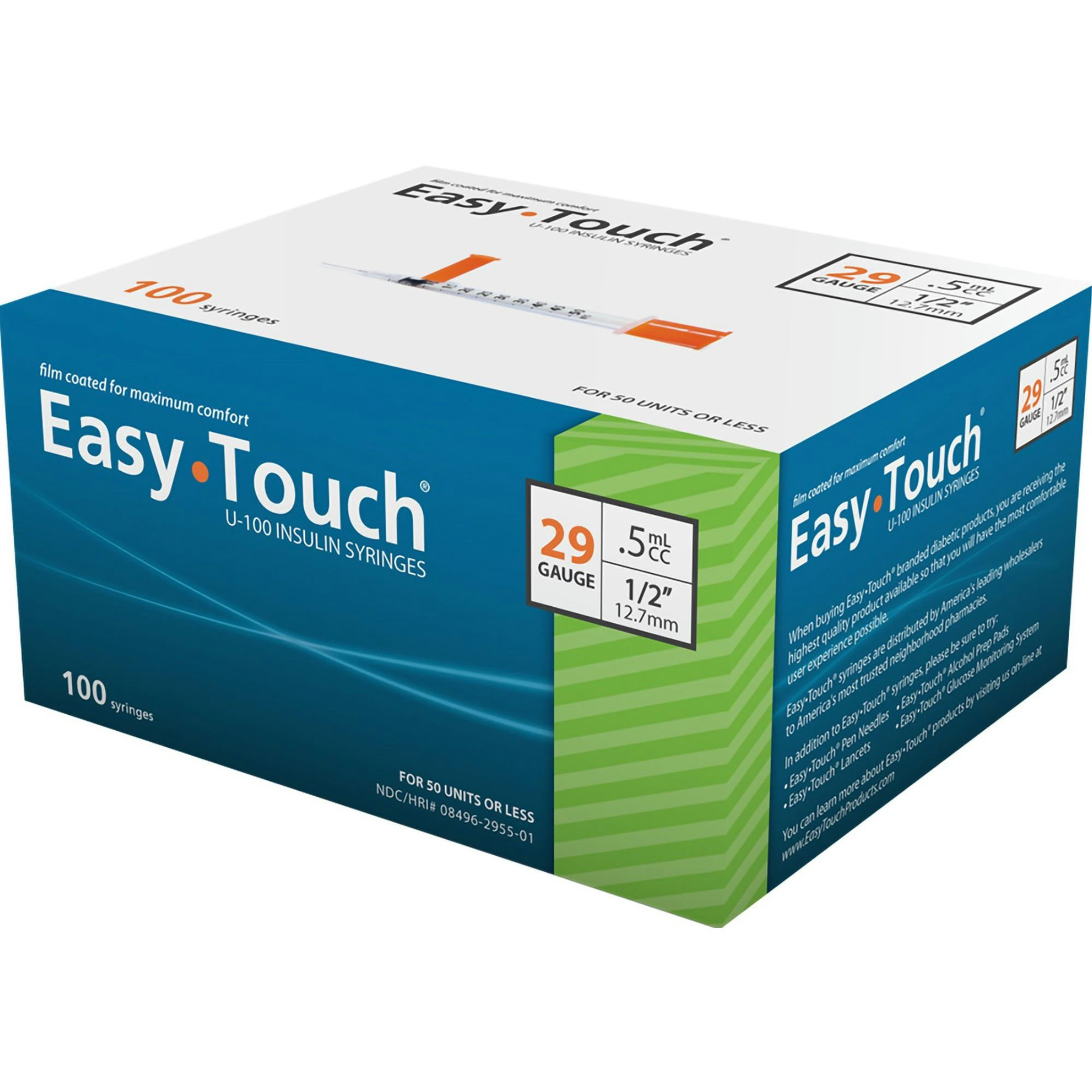 Easy Touch U-100 Insulin Syringe With Needle, 29 gauge