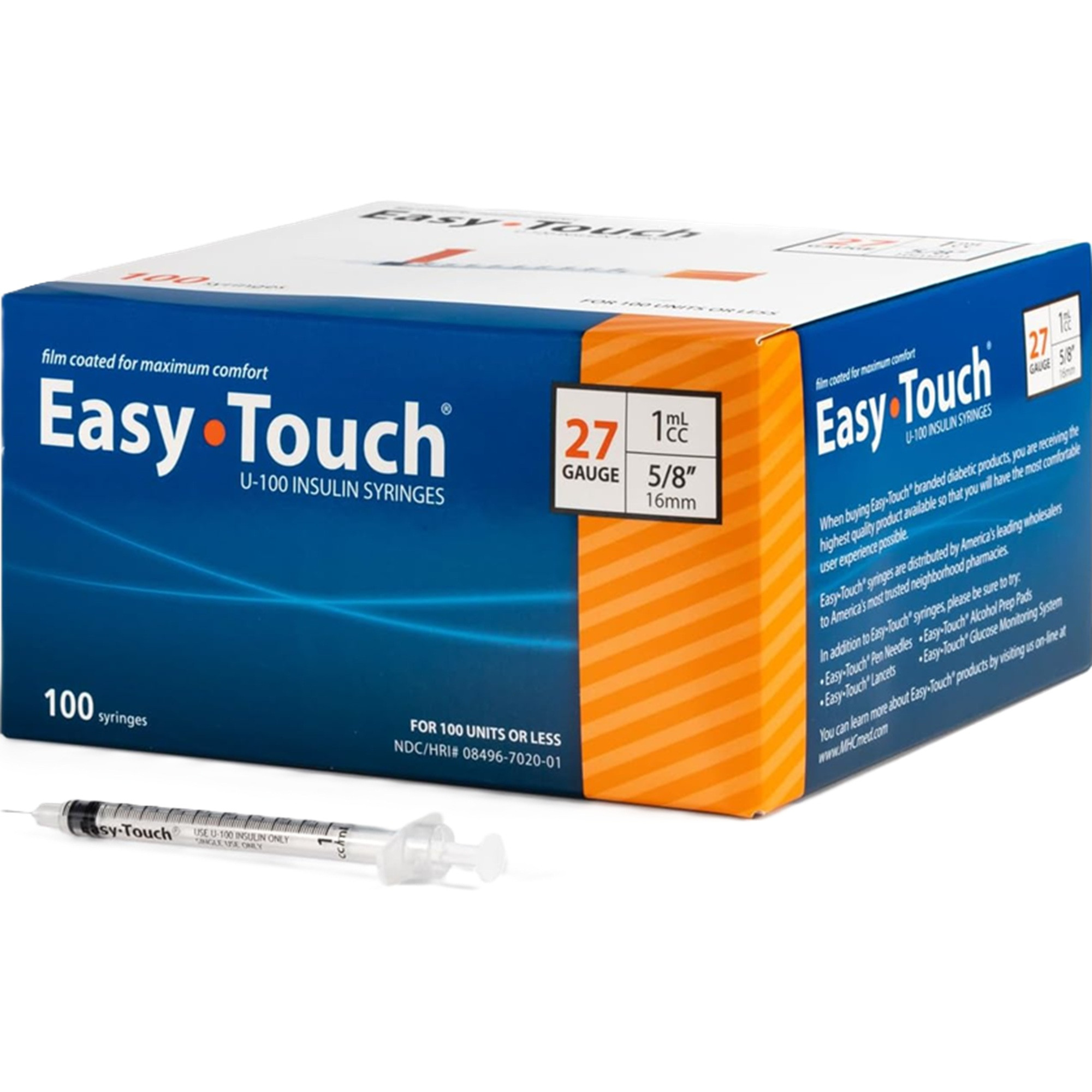 Easy Touch U-100 Insulin Syringe With Needle, 27 gauge