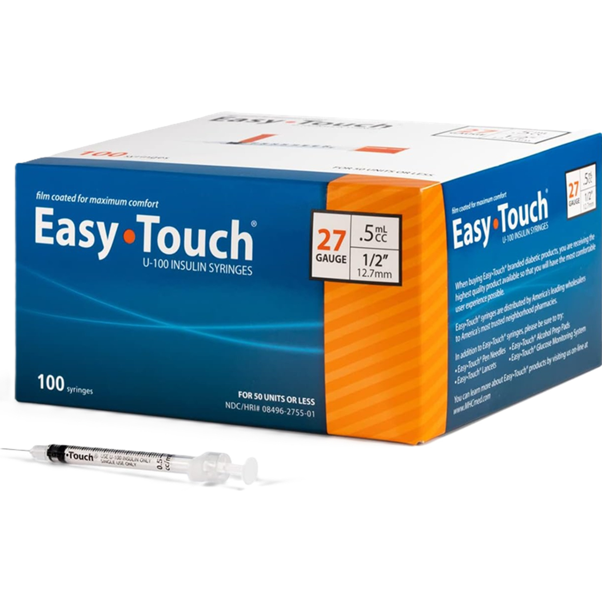 Easy Touch U-100 Insulin Syringe With Needle, 27 gauge