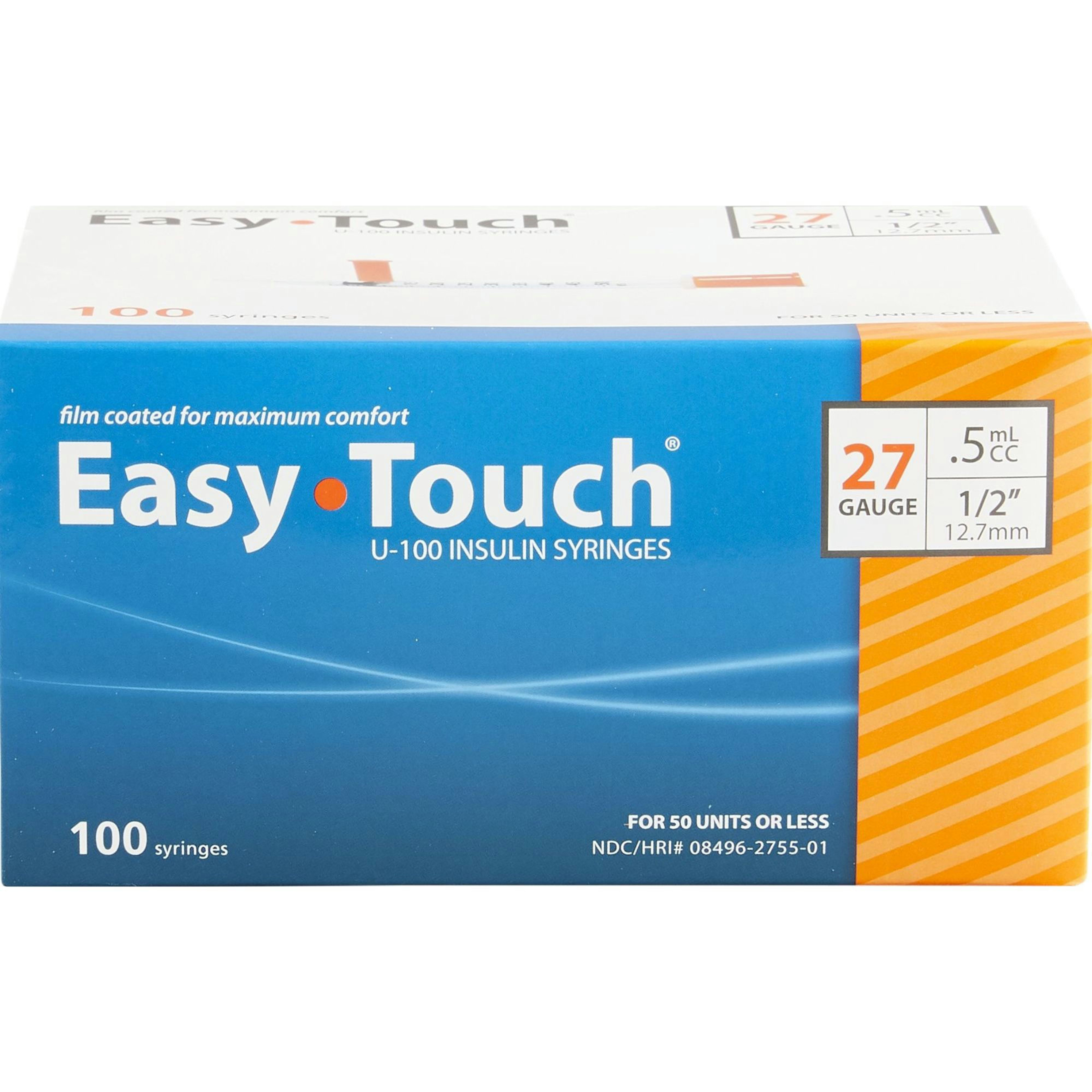 Easy Touch U-100 Insulin Syringe With Needle, 27 gauge