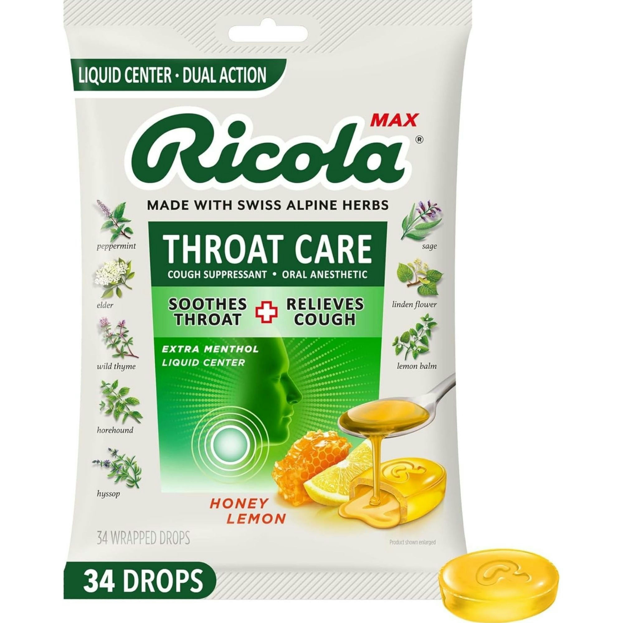 Ricola Max Throat Care Cough Drops Made with Swim Alpine Herbs
