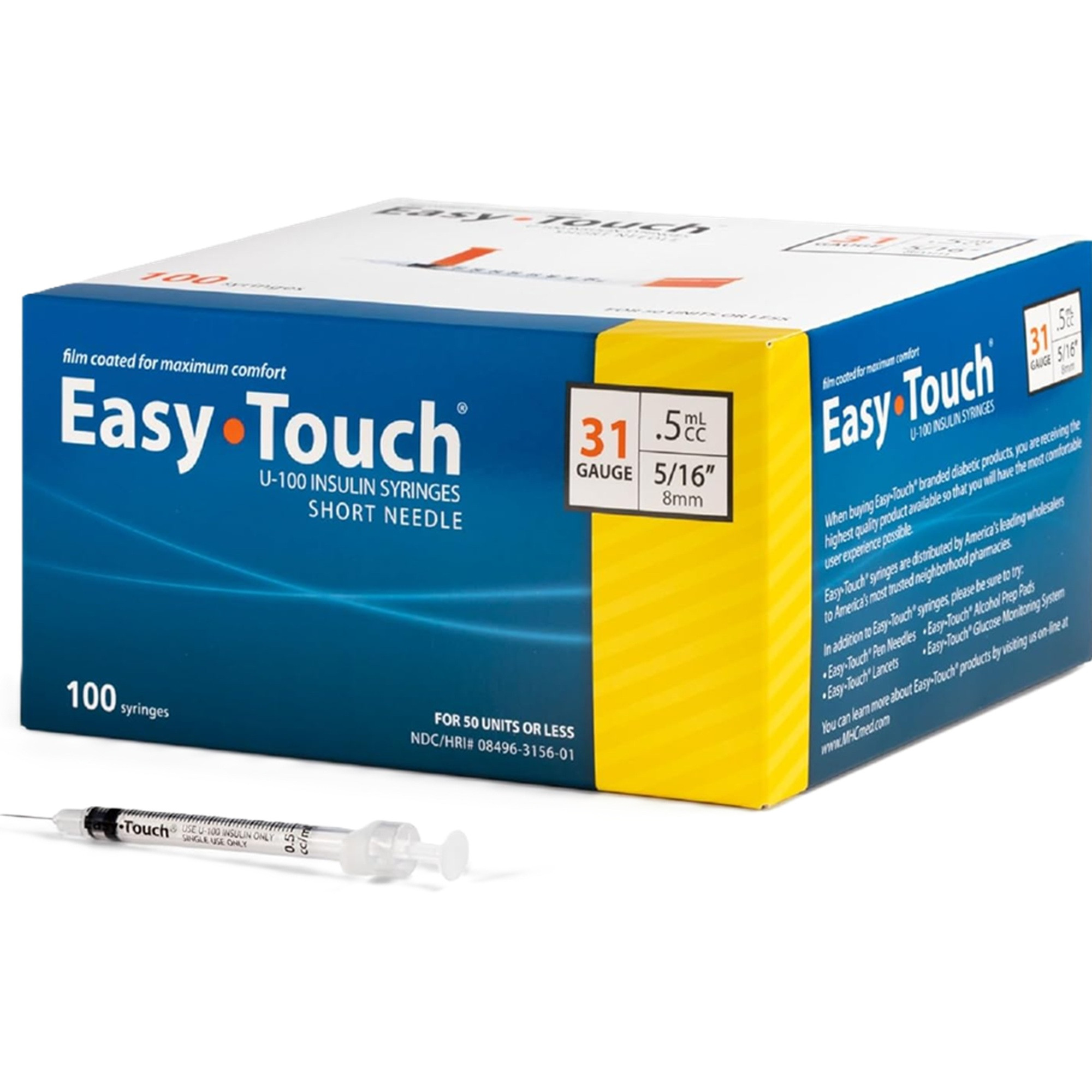 Easy Touch U-100 Insulin Syringes Short Needle, 31 gauge