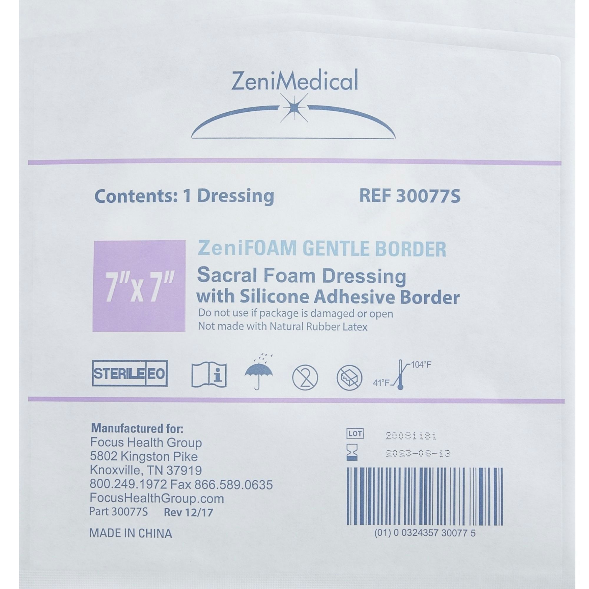 ZeniMedical ZeniFoam Gentle Border Sacral Foam Dressing with Silicone Adhesive Border, 7 X 7"