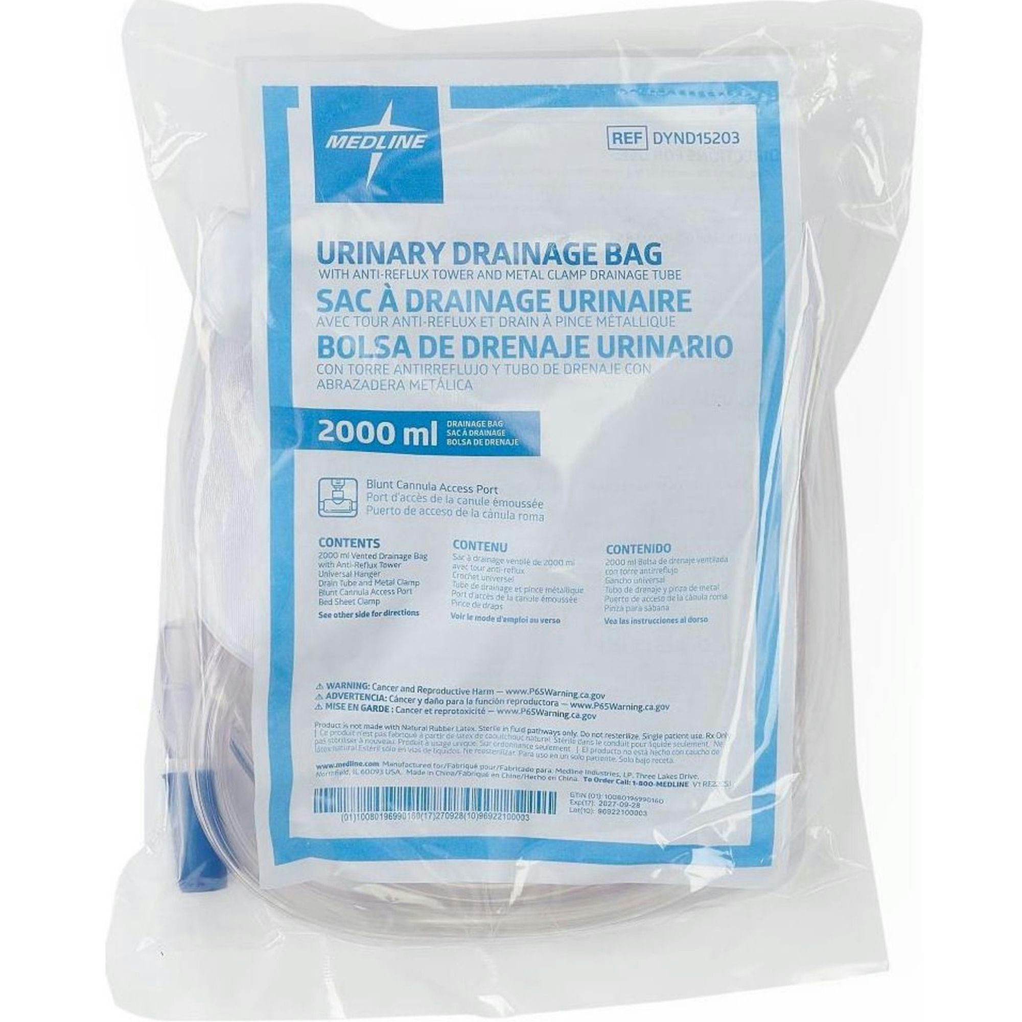 Medline Urinary Drain Bag with Anti-Reflux Tower and Metal Clamp Drainage Port