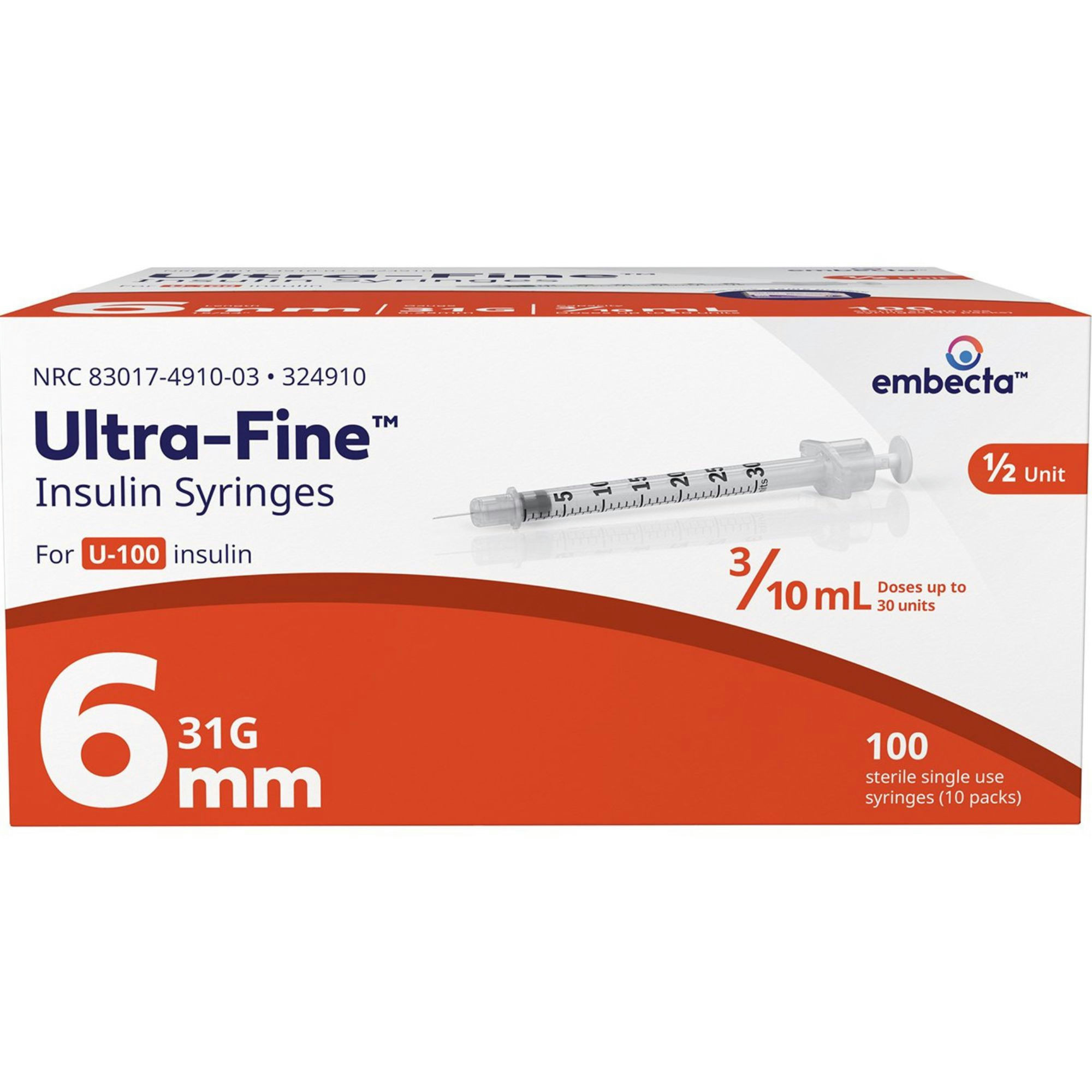Embecta Ultra-Fine Insulin Syringe with Half-Unit Scale, 31 Gauge
