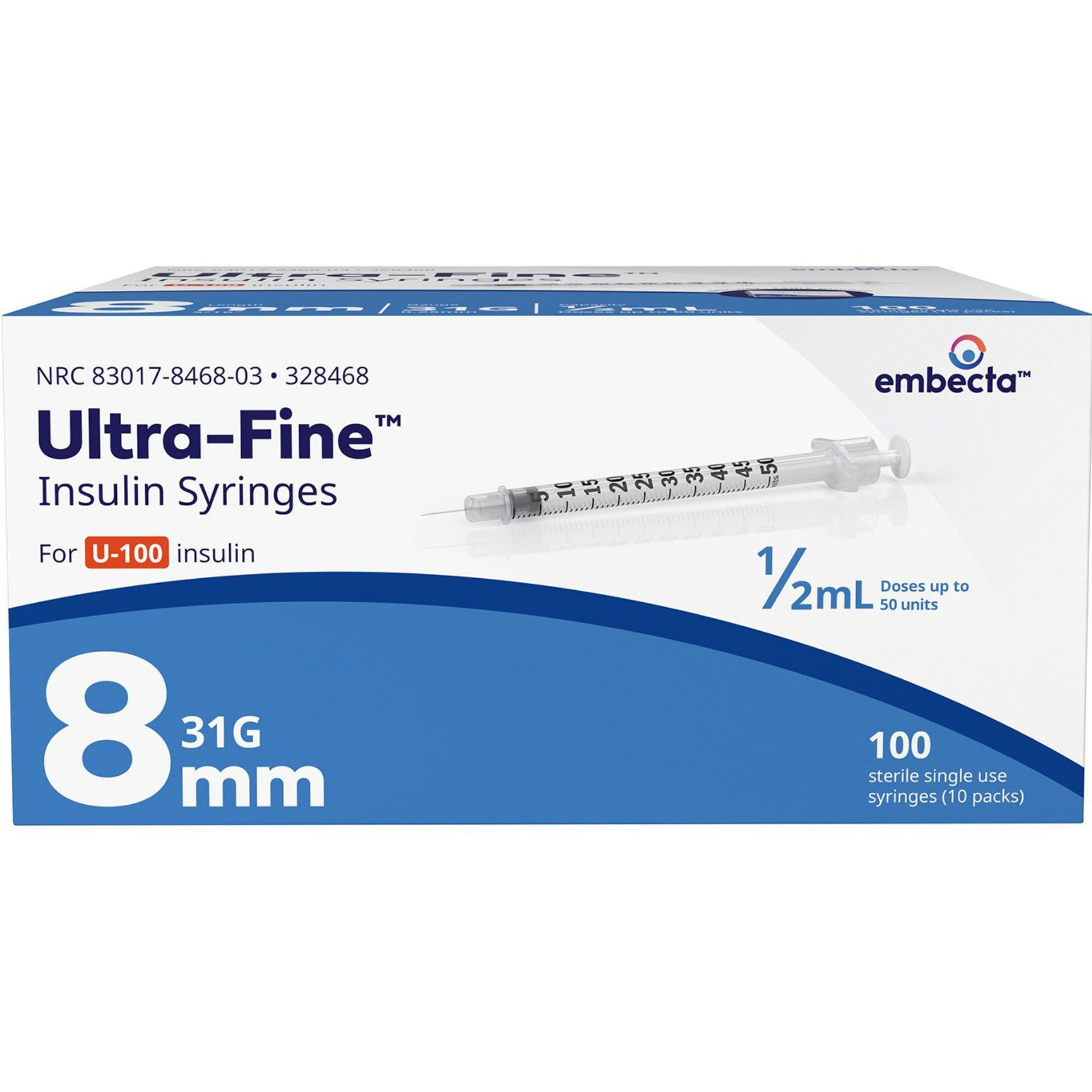 Emebecta Ultra-Fine U-100 Insulin Syringe, 31 Gauge