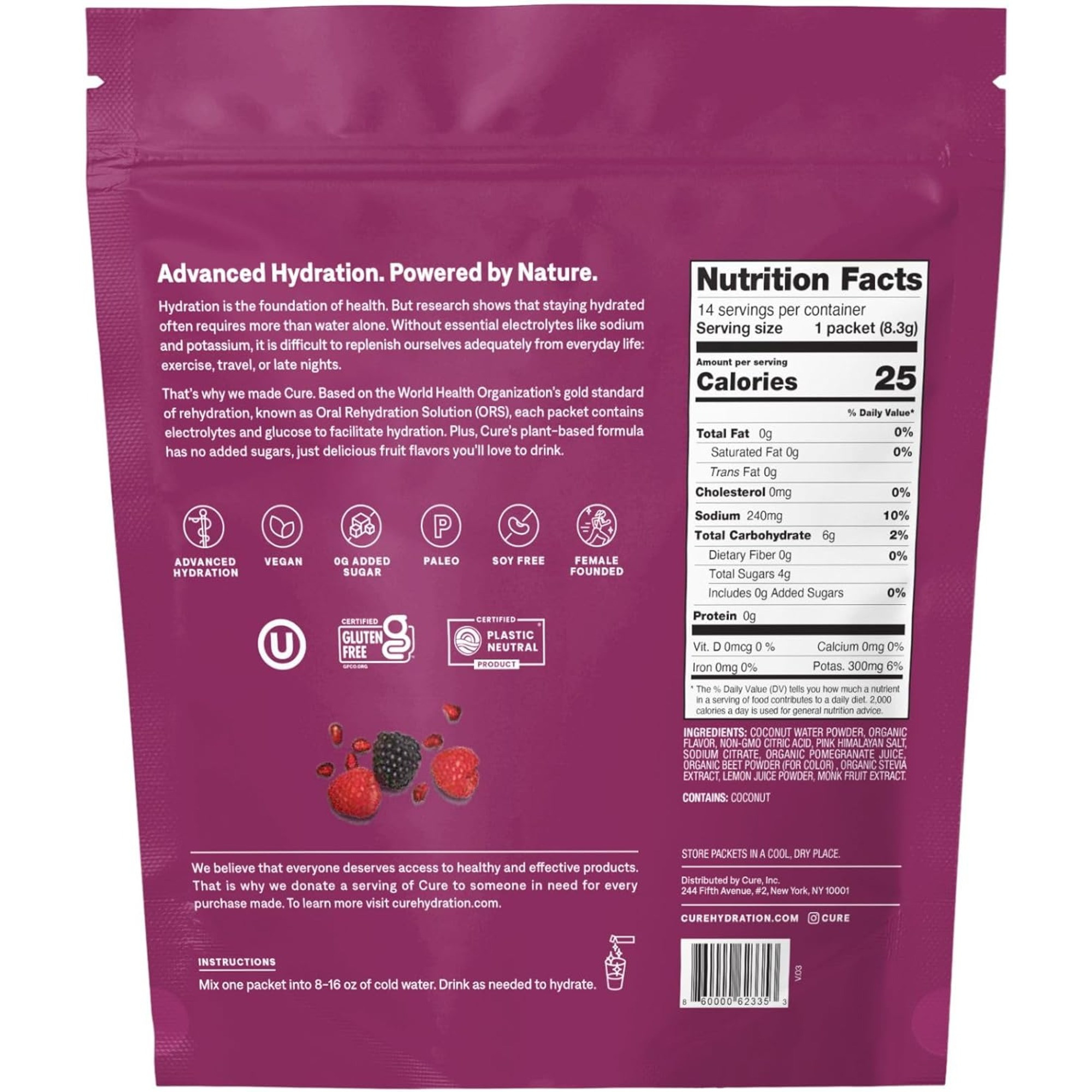 Cure Hydration Electrolyte Drink Mix, Berry Pomegranate 