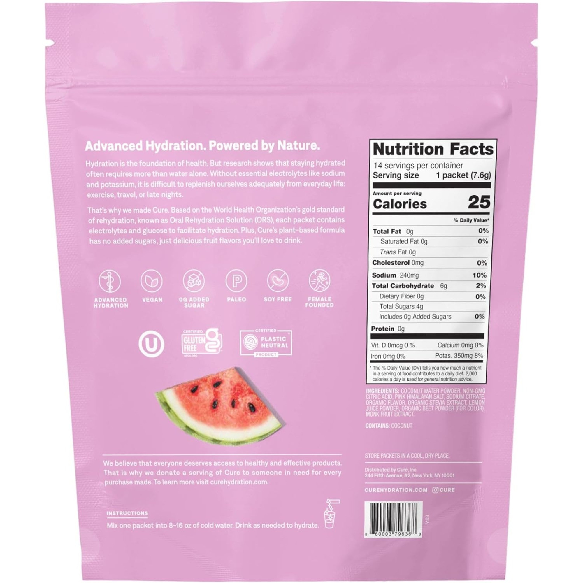 Cure Hydration Electrolyte Drink Mix, Watermelon