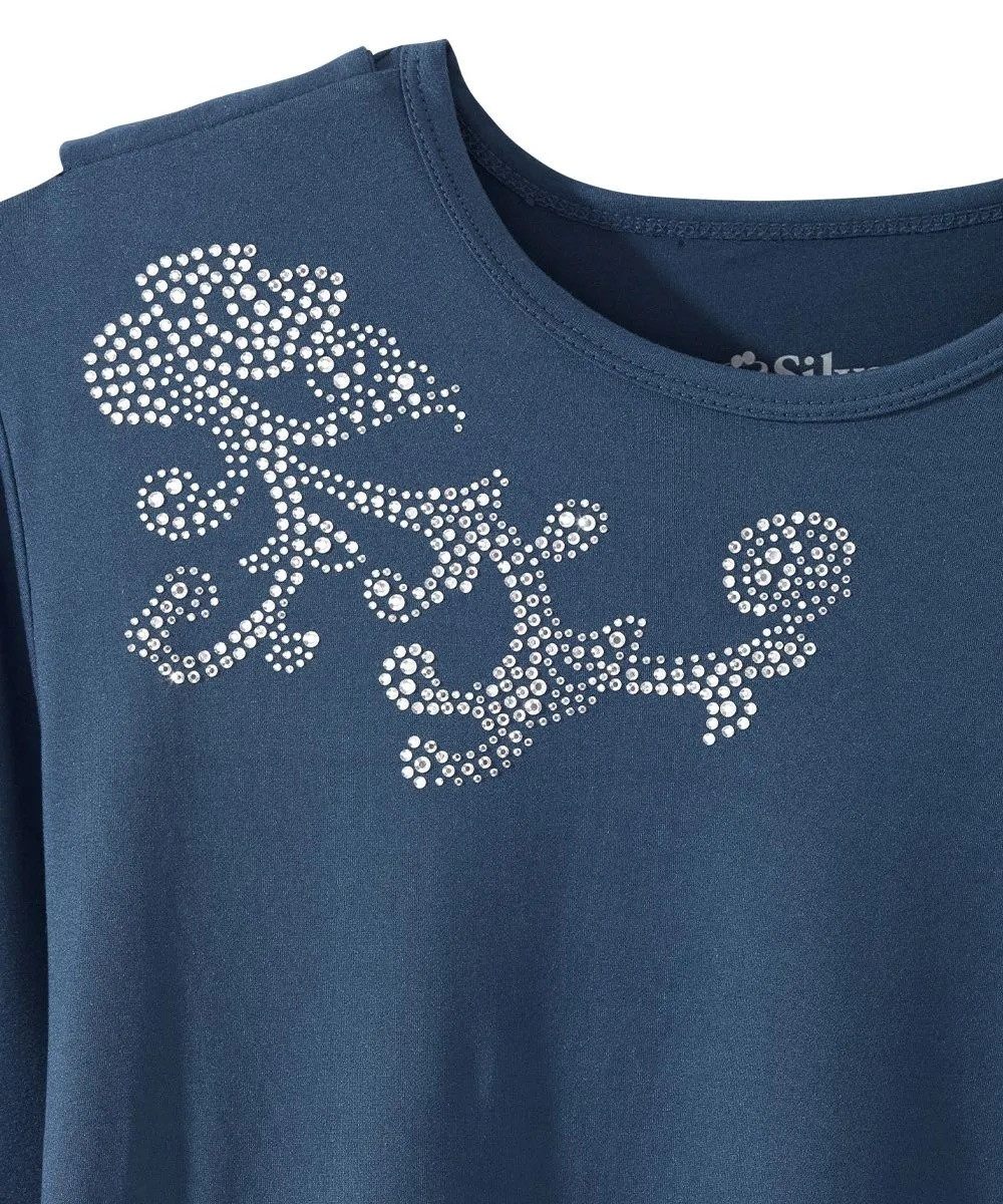 Silverts Women's Open Back Embellished Long Sleeve Top, Caribbean Blue