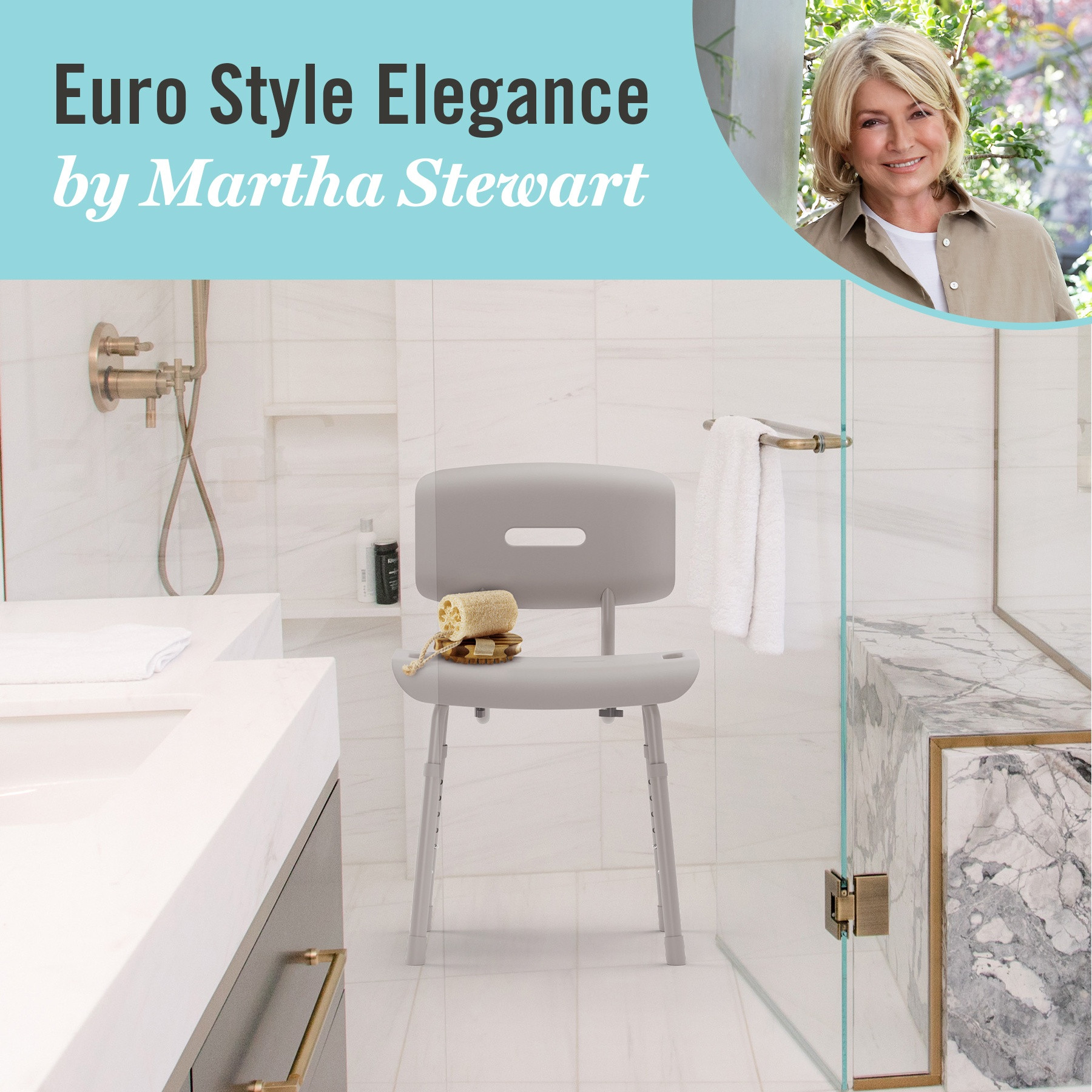 Medline Martha Stewart Euro-Style Shower Chair with Back and Microban