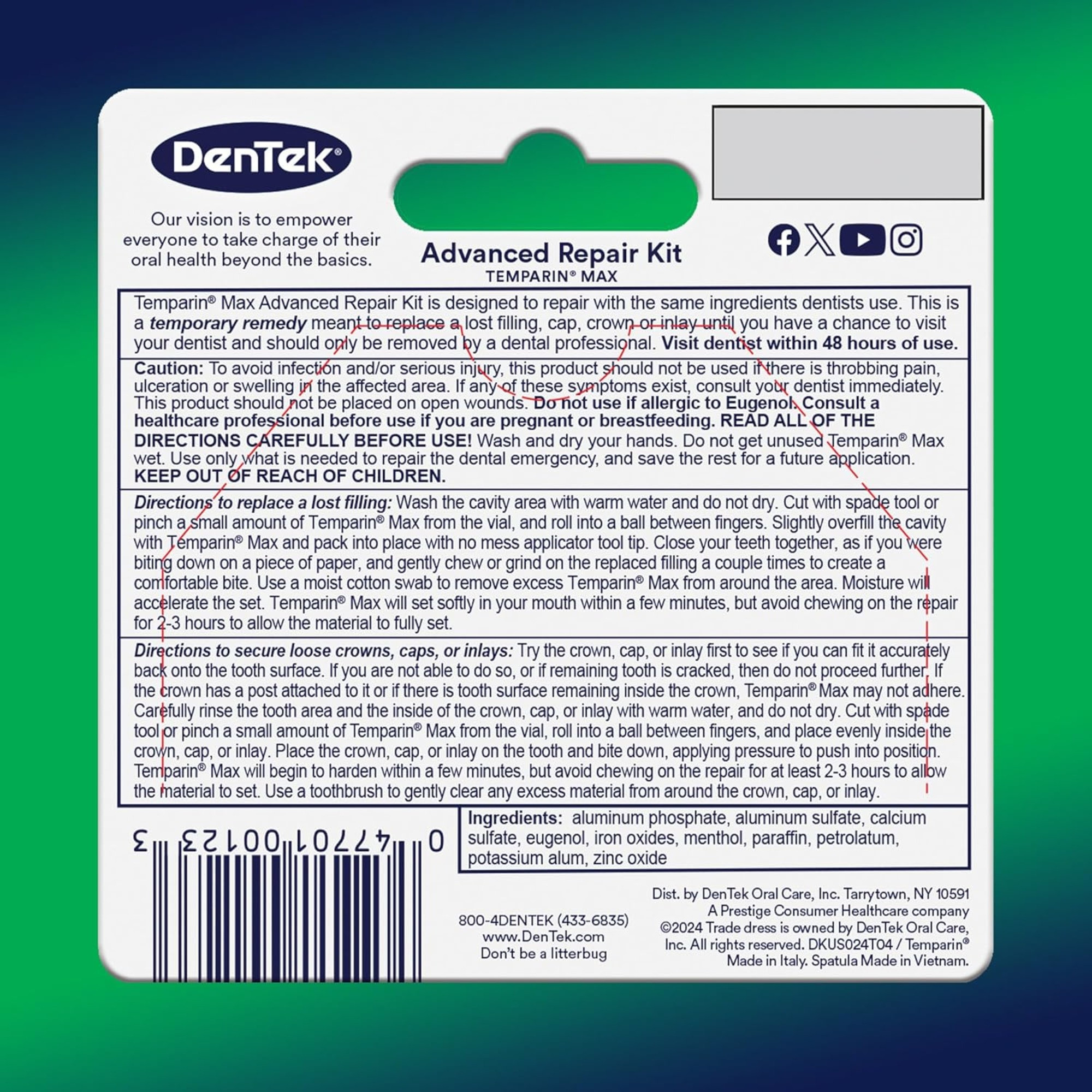 DenTek Temparin Max Repair Kit For Caps & Fillings