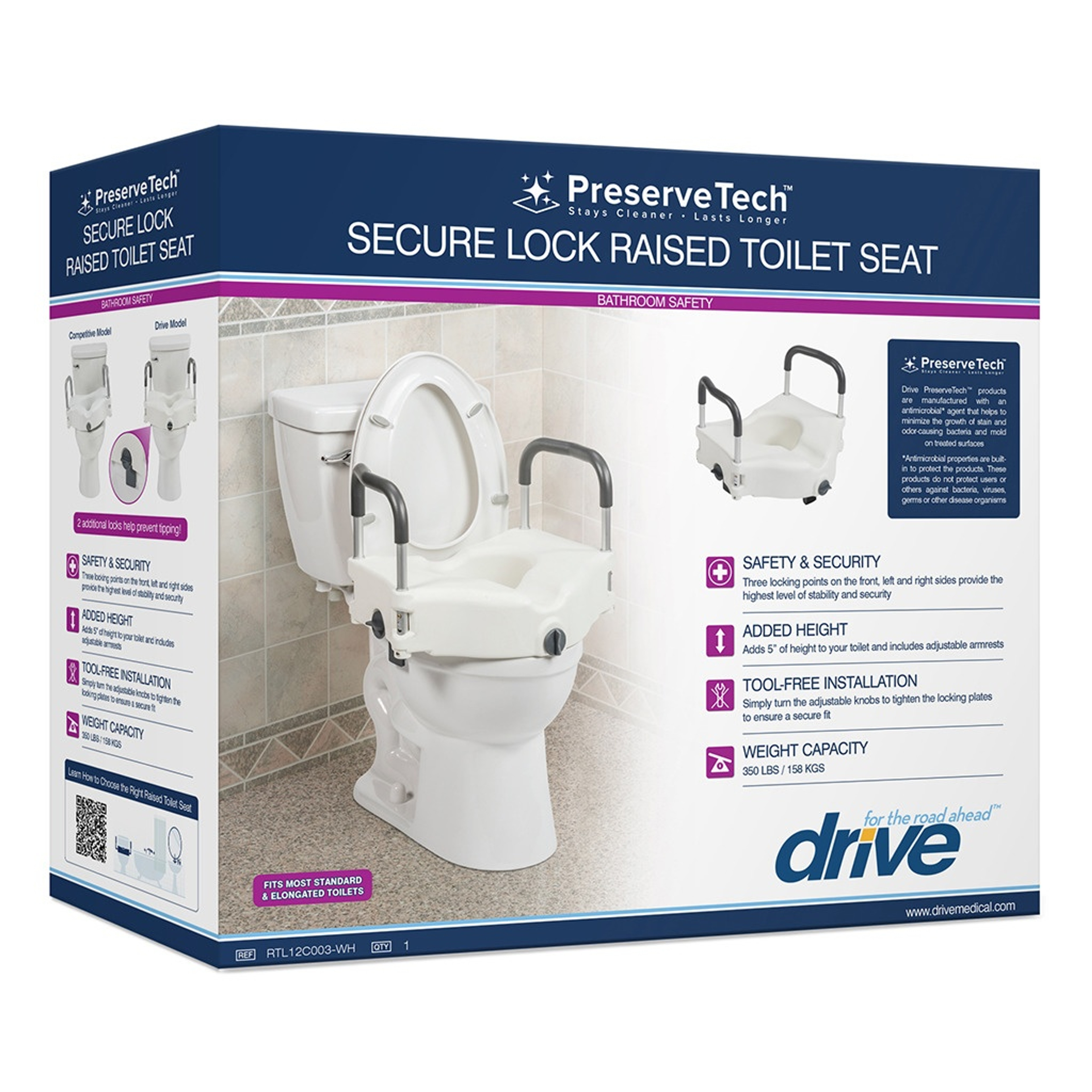 Drive PreserveTech Secure Lock Raised Toilet Seat, 5" Height