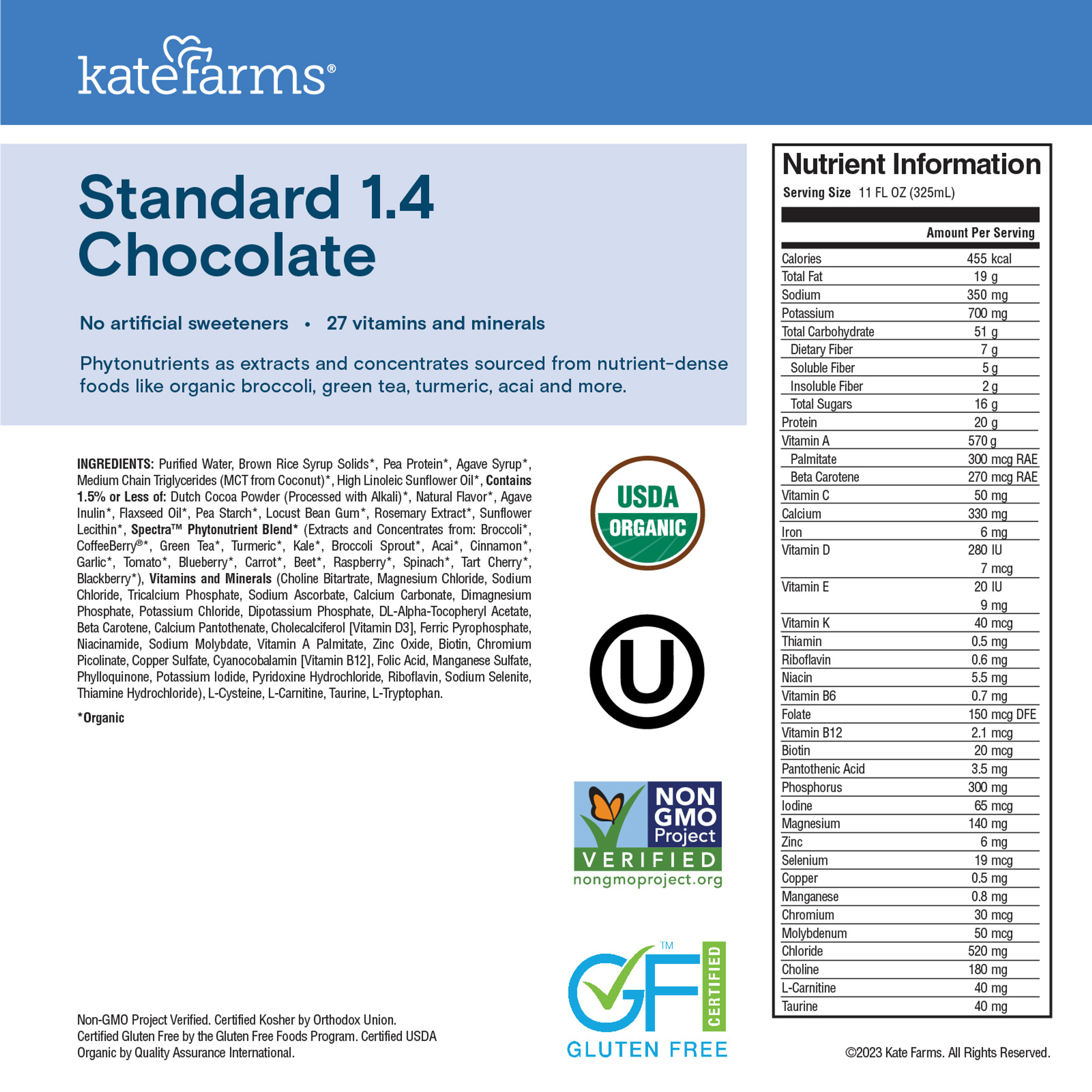 Kate Farms Standard 1.4 Sole-Source Nutrition Formula, Chocolate, 11 oz.