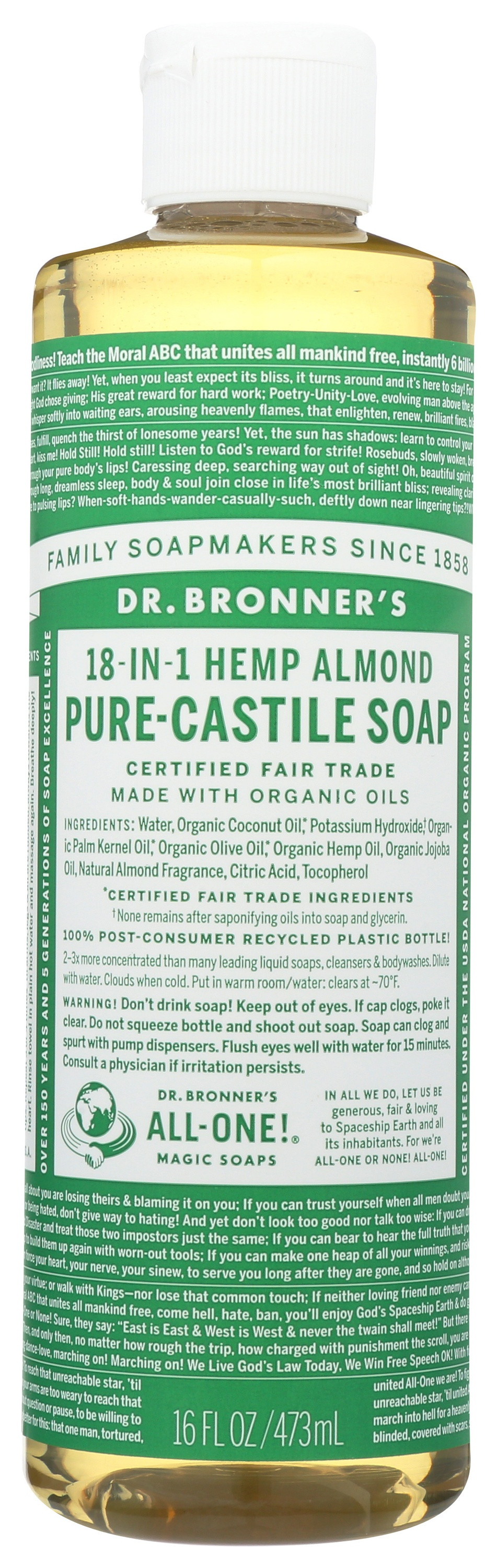 Dr. Bronner's Organic Hemp Pure Castile Soap, Almond