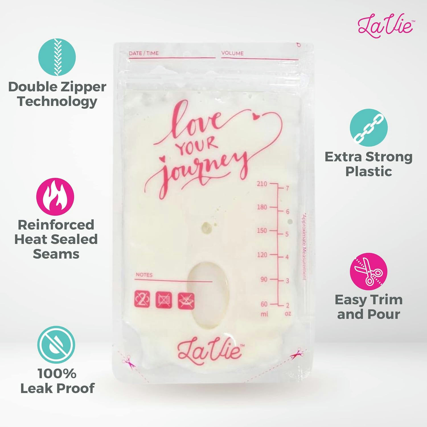 LaVie Breast Milk Storage Bags, 50 count. - 50 Pre-Sterilized bags. - 210 mL/7 oz. capacity. - Lay flat profile. - Double zip lock. - BPA Free.