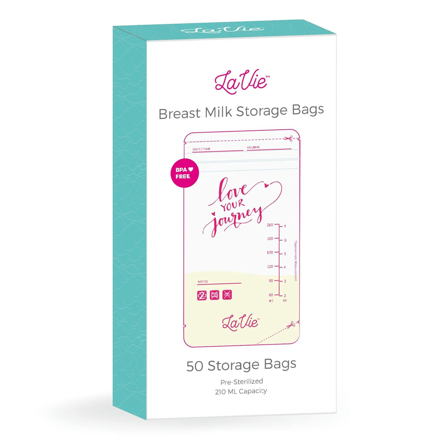 LaVie Breast Milk Storage Bags, 50 count. - 50 Pre-Sterilized bags. - 210 mL/7 oz. capacity. - Lay flat profile. - Double zip lock. - BPA Free.