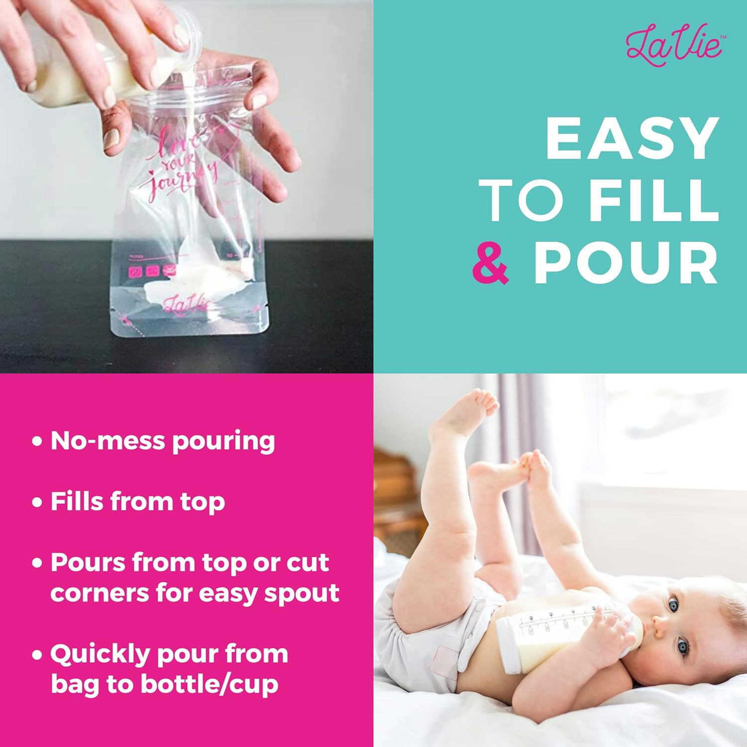 LaVie Breast Milk Storage Bags, 50 count. - 50 Pre-Sterilized bags. - 210 mL/7 oz. capacity. - Lay flat profile. - Double zip lock. - BPA Free.