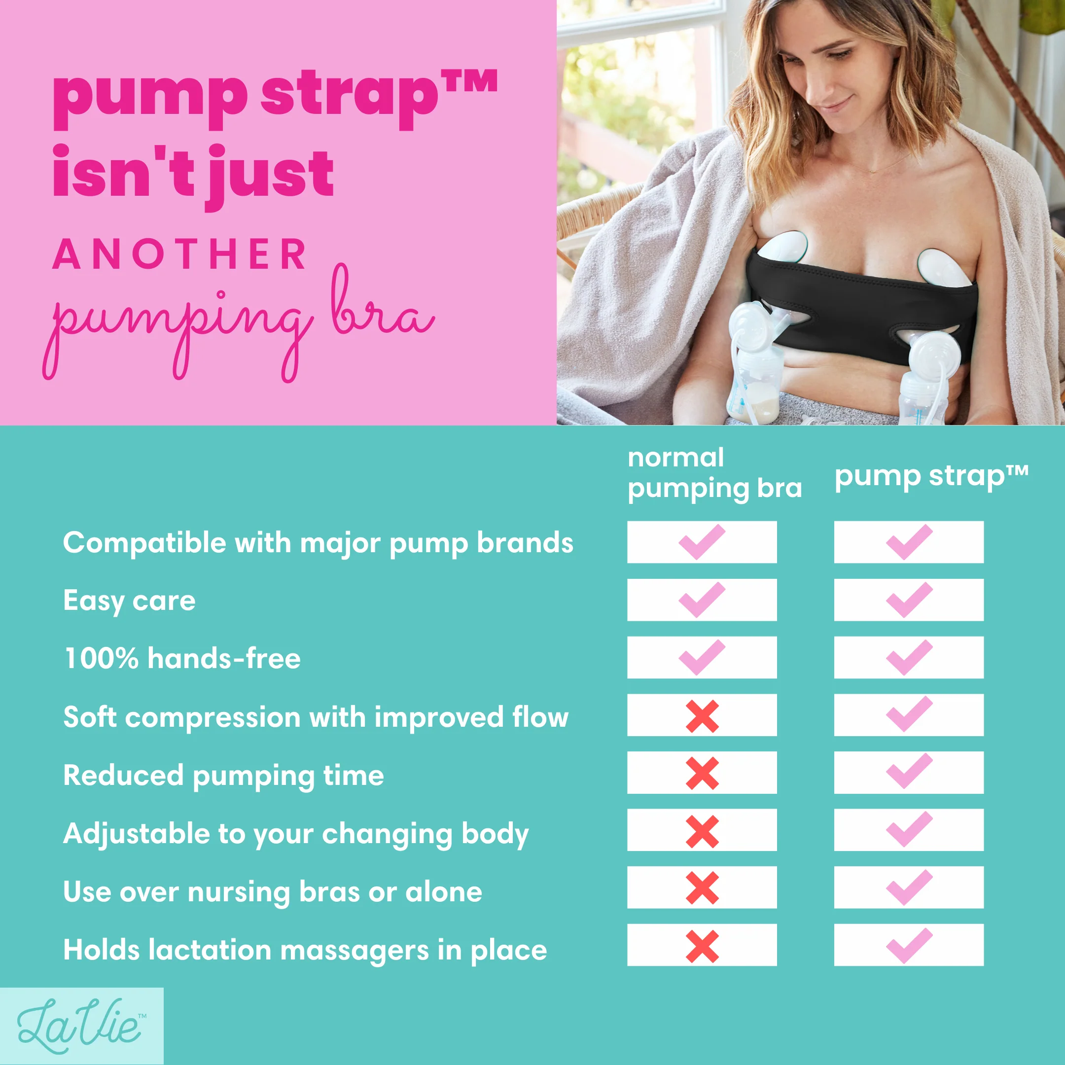 LaVie Pump Strap Hands-Free Pumping & Nursing Bra, Black.