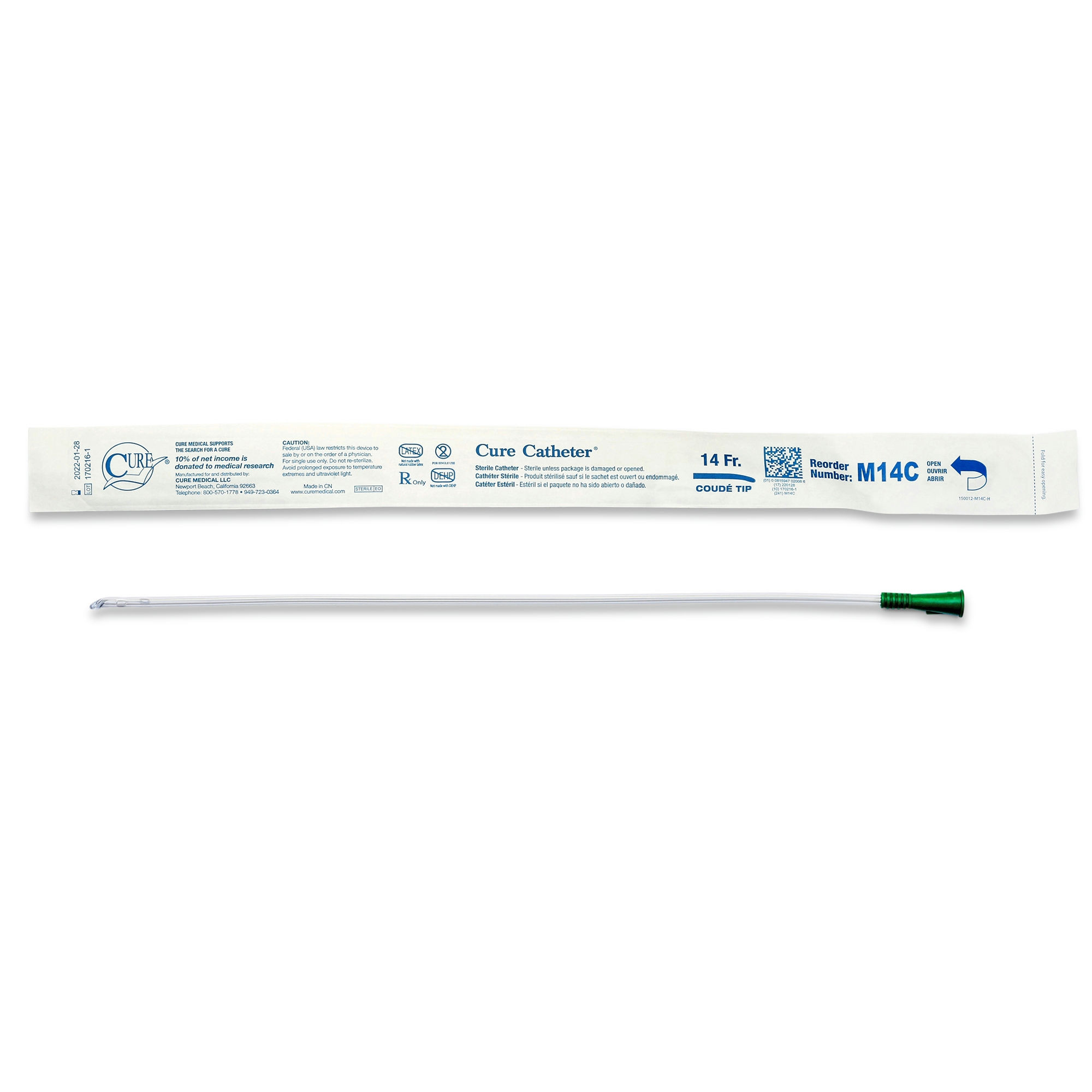 Cure Urethral Catheter, Unissex, Coude Tip, Uncoated PVC, 16"