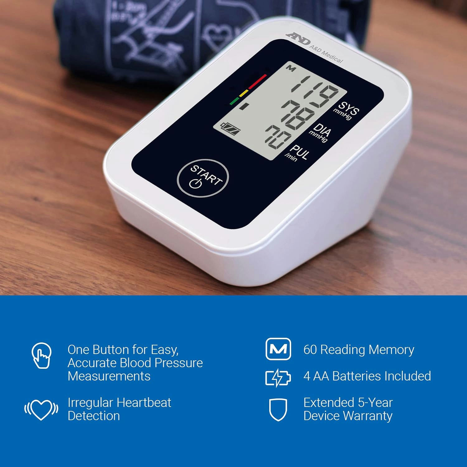 A&D Medical Essential One Button Blood Pressure Monitor with Batteries