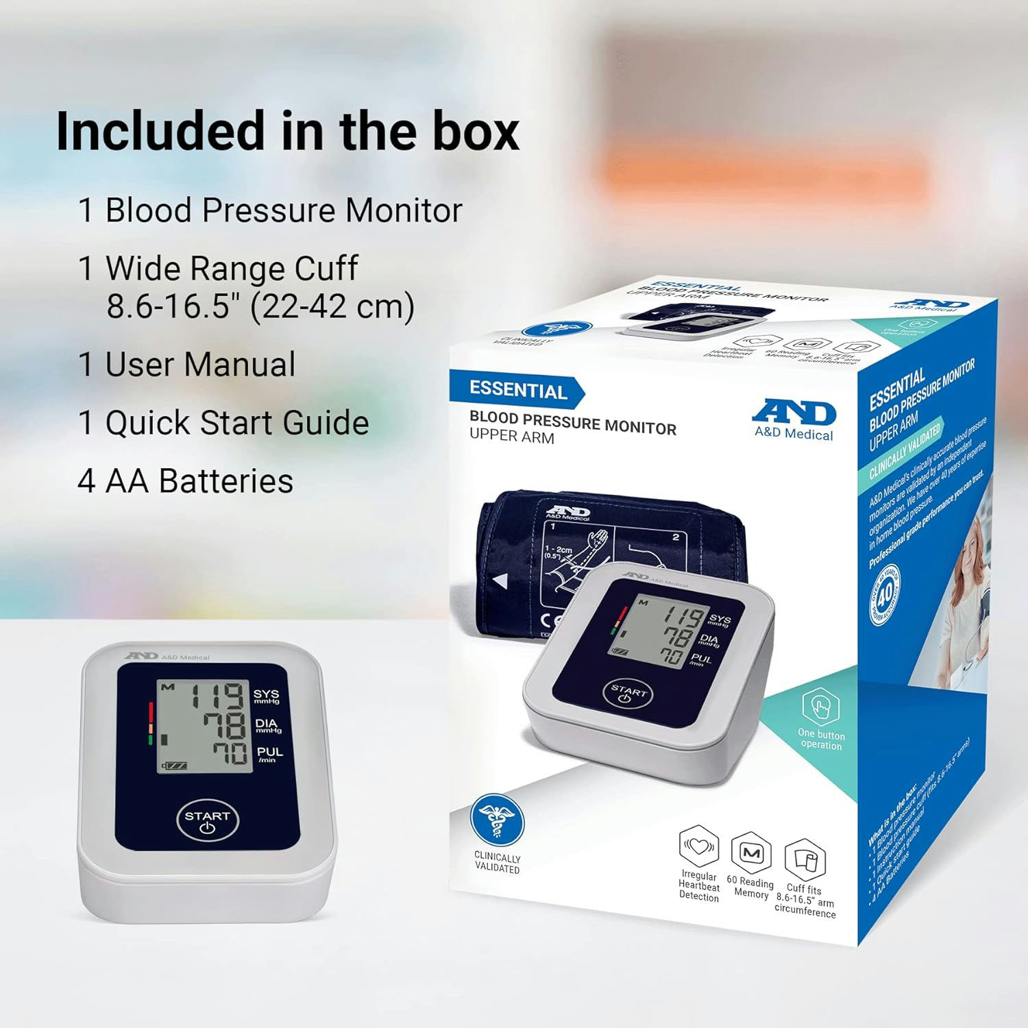 A&D Medical Essential One Button Blood Pressure Monitor with Batteries
