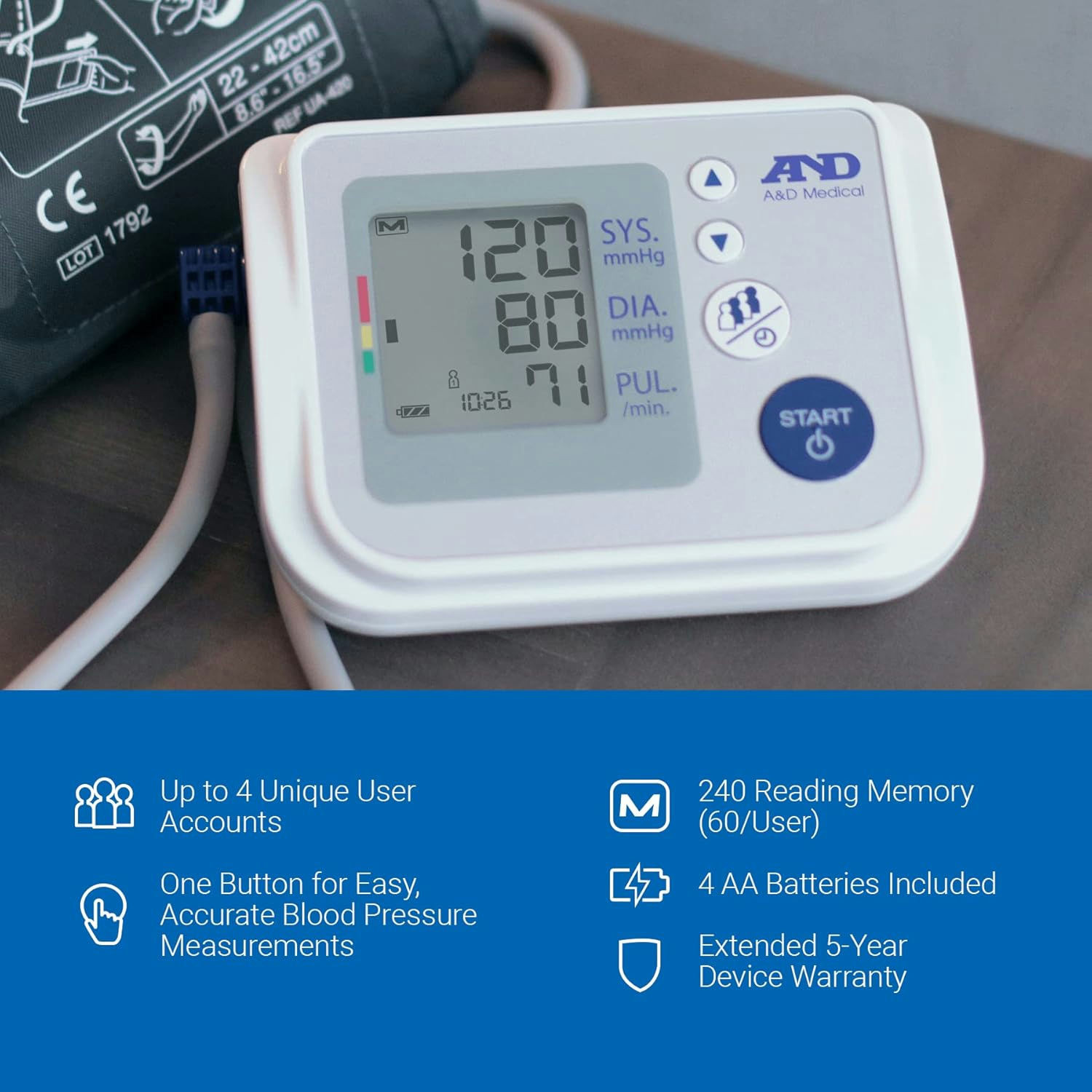 A&D Medical Multi-User Upper Arm Automatic Blood Pressure Monitor with AccuFit Plus Wide Range Cuff
