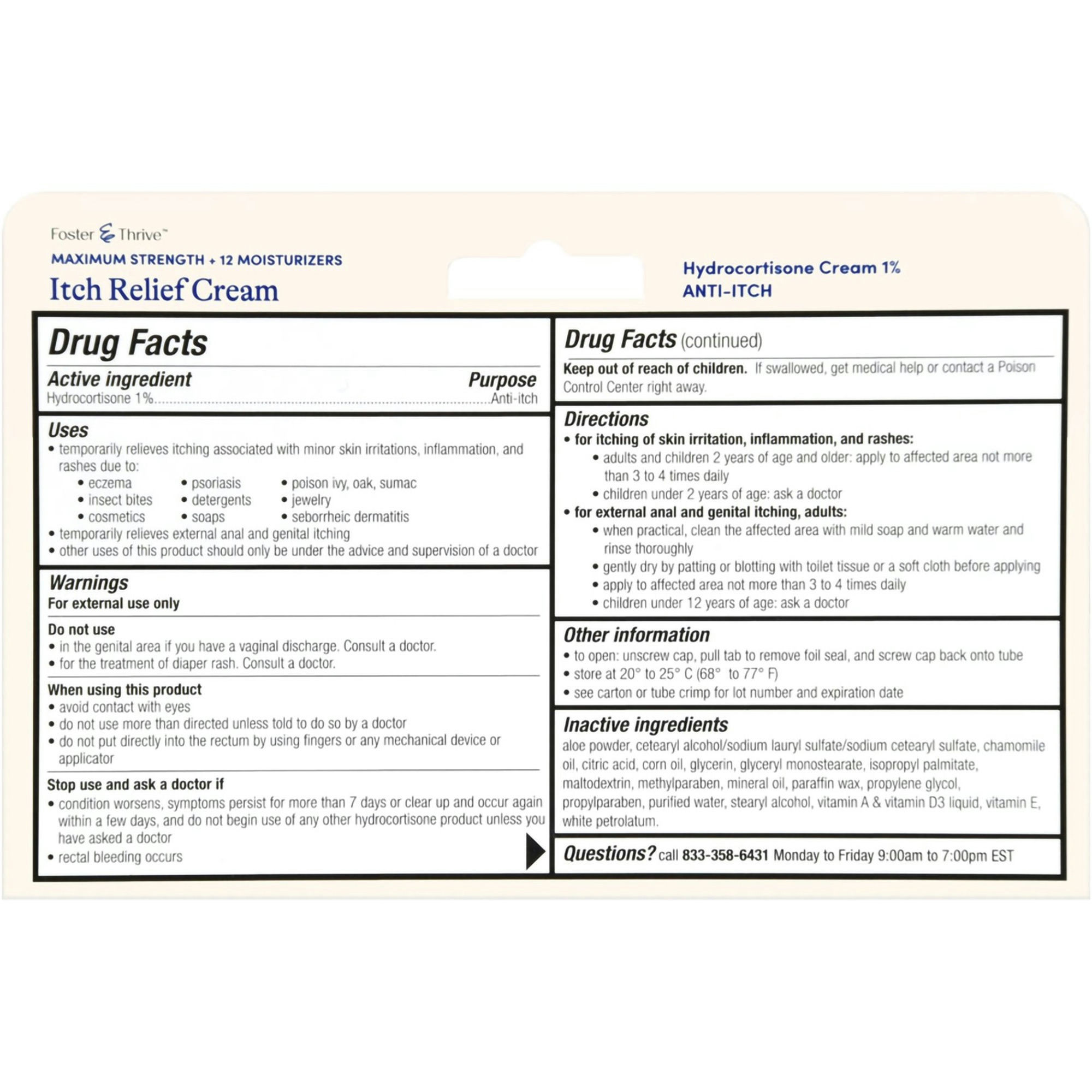 Foster & Thrive Hydrocortisone Maximum Strength Itch Relief Cream with 12 Moisturizers