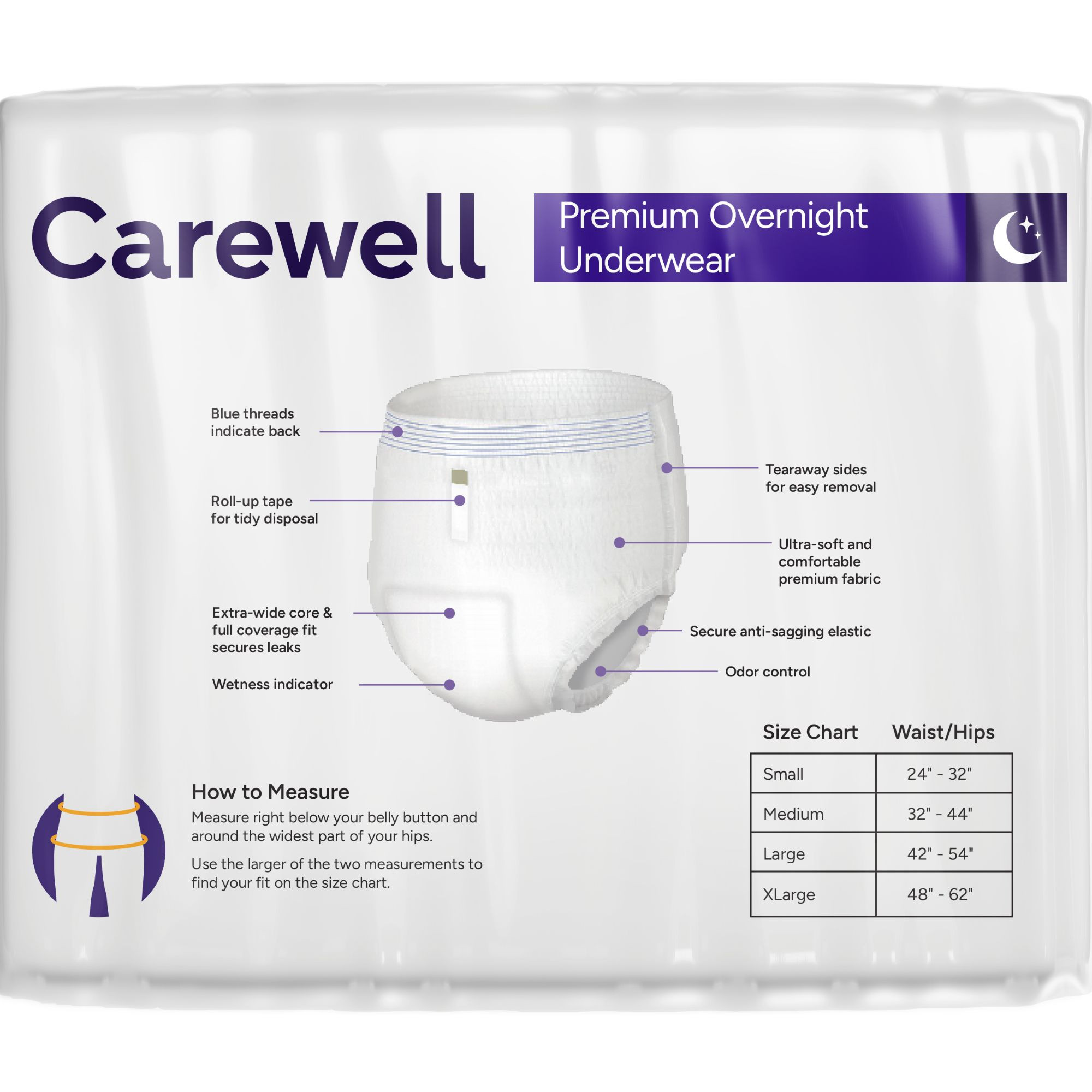 Carewell Premium Overnight Incontinence Pull-Up Underwear, Full Coverage Fit