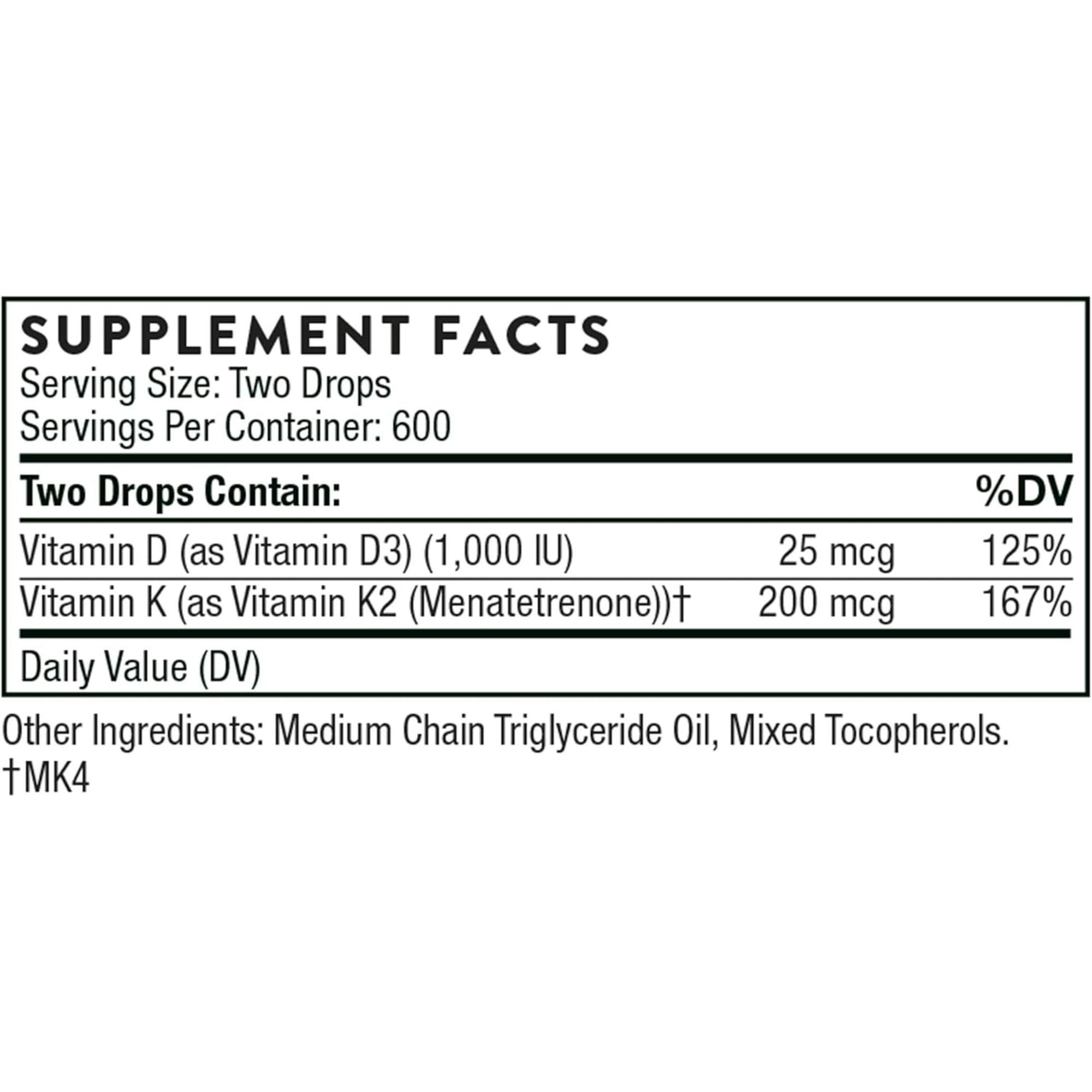 Thorne Vitamin D/K2 Liquid Supplement Facts