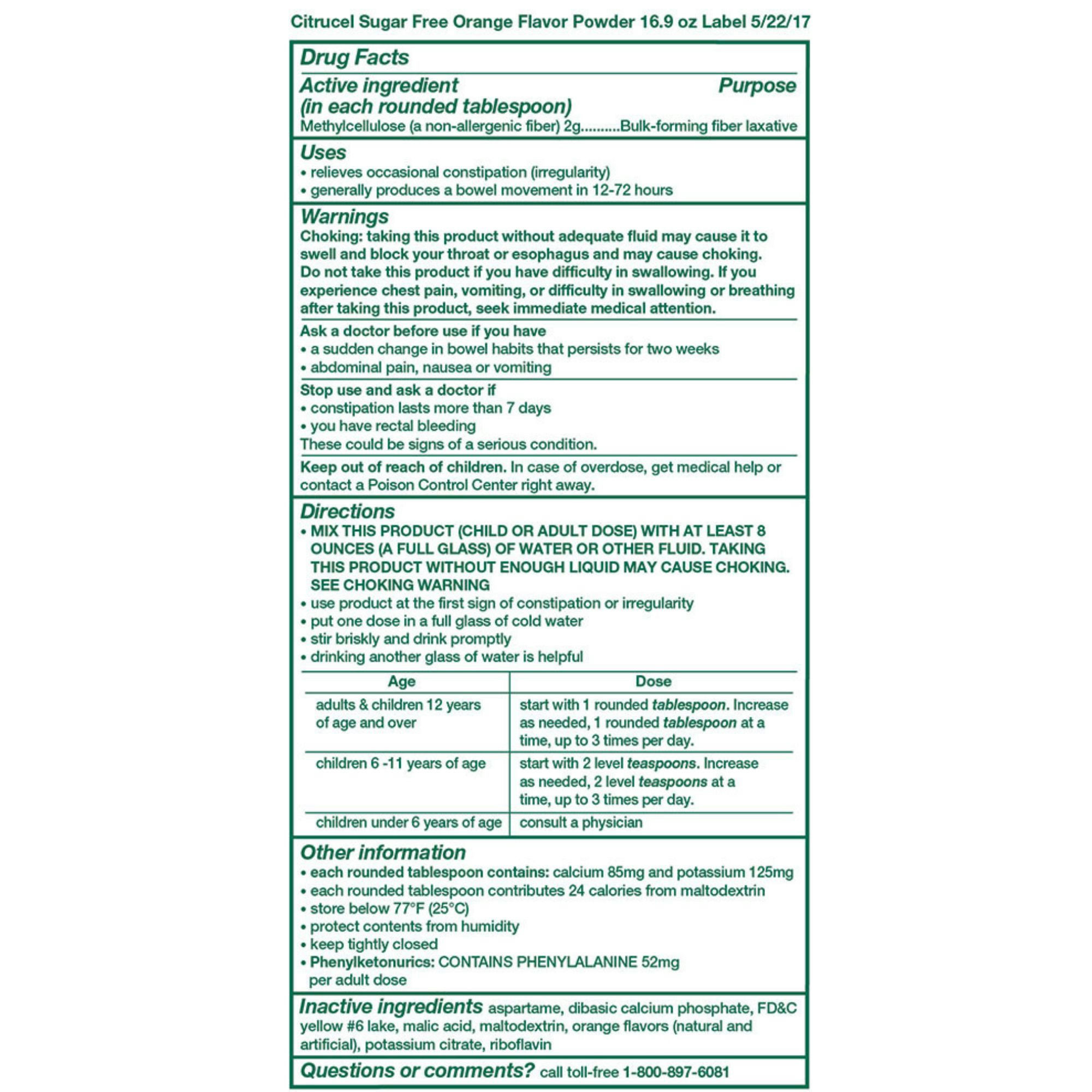 Citrucel Sugar Free Methylcellulose Fiber Therapy for Irregularity, Powder