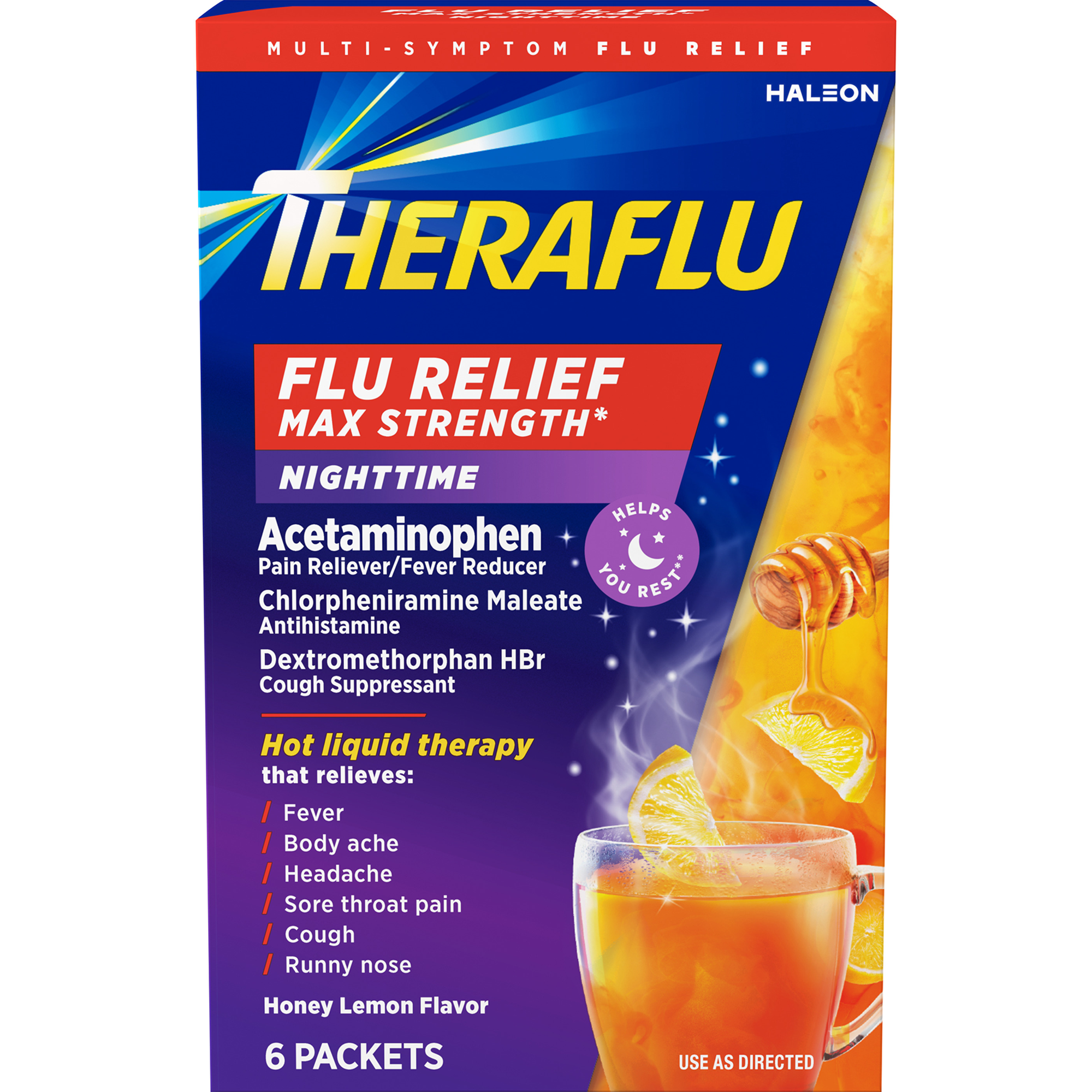 Theraflu Max Strength Nighttime Flu Symptom Relief with Acetaminophen and Dextromethorphan Powder