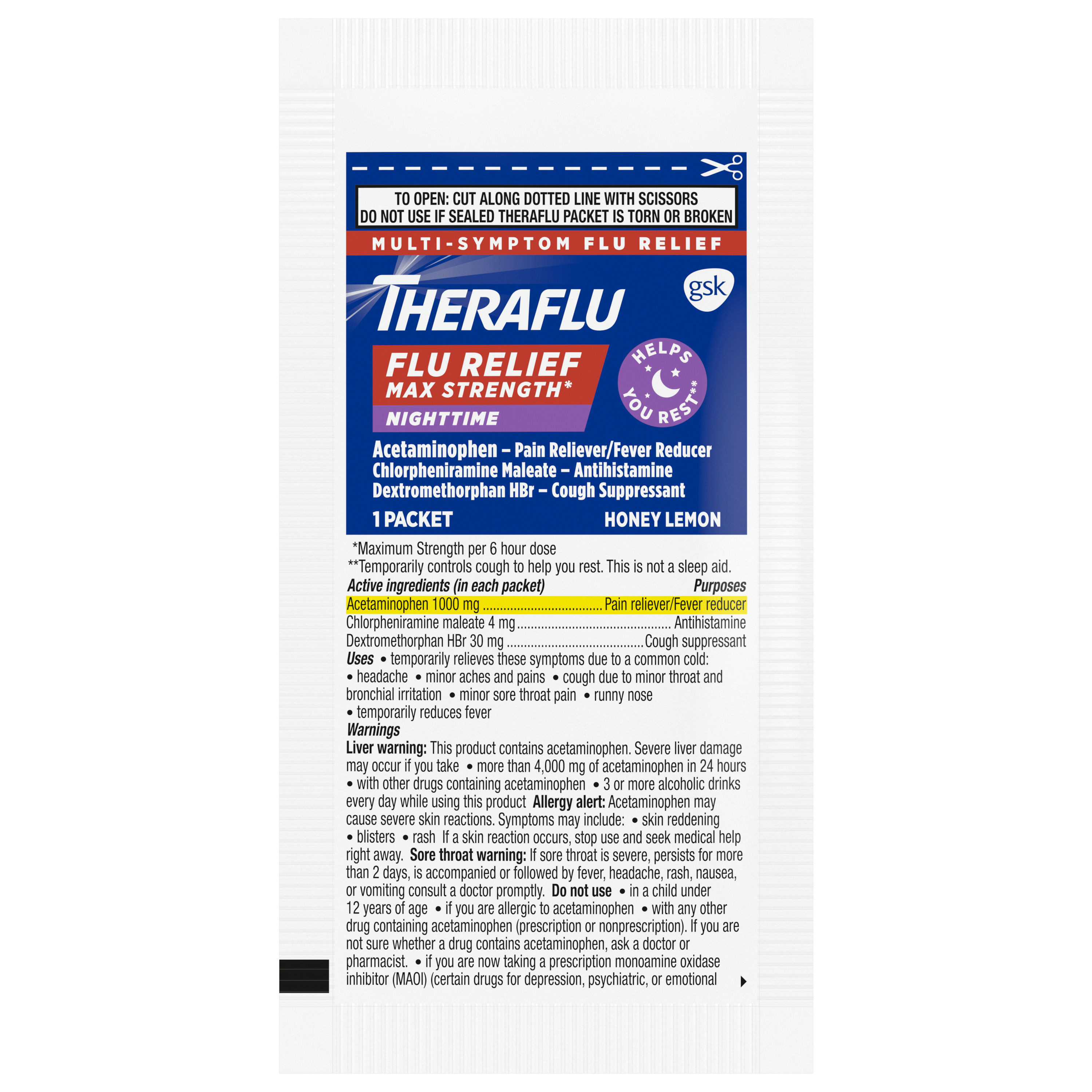 Theraflu Max Strength Nighttime Flu Symptom Relief with Acetaminophen and Dextromethorphan Powder
