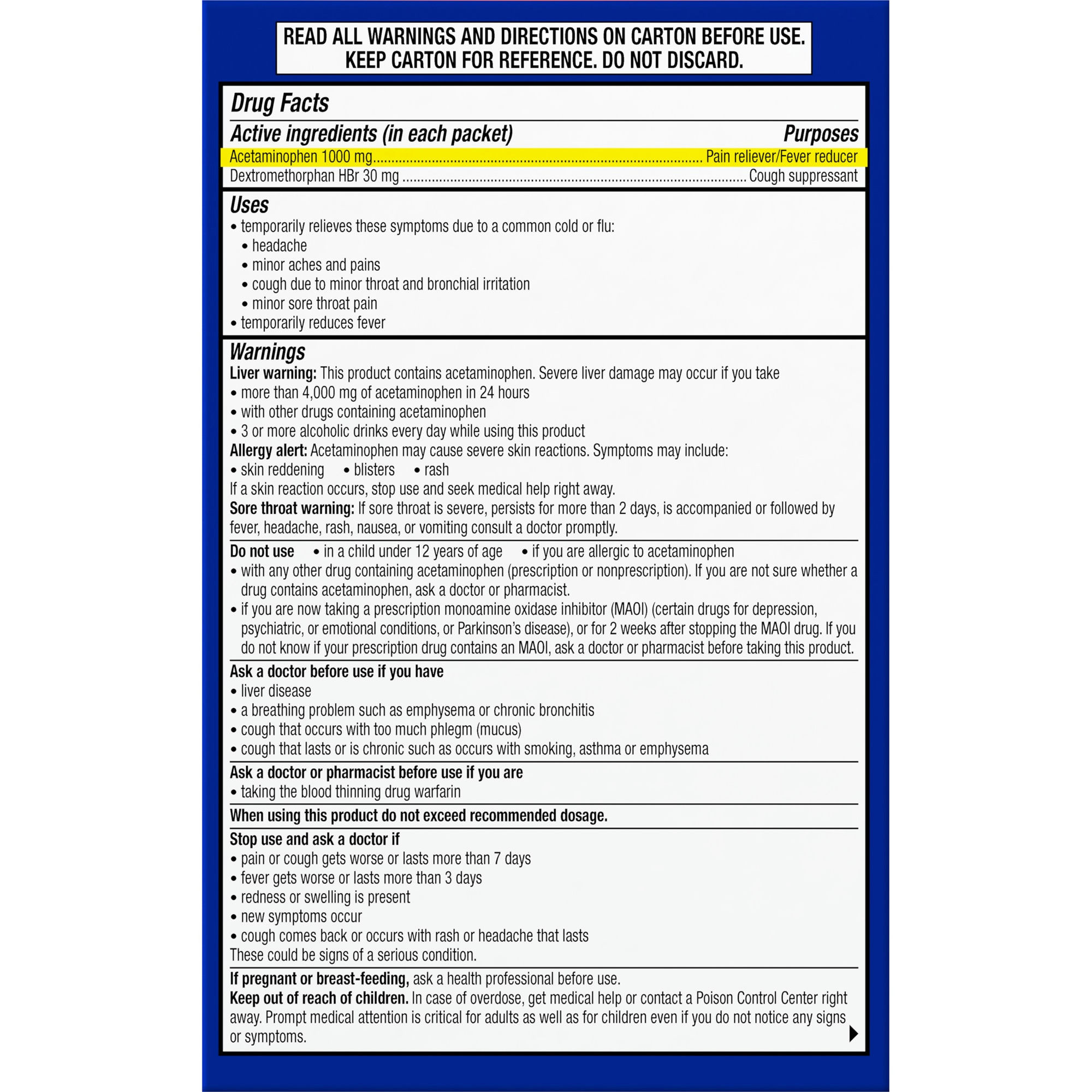 Theraflu Max Strength Daytime Flu Symptom Relief with Acetaminophen and Dextromethorphan Powder