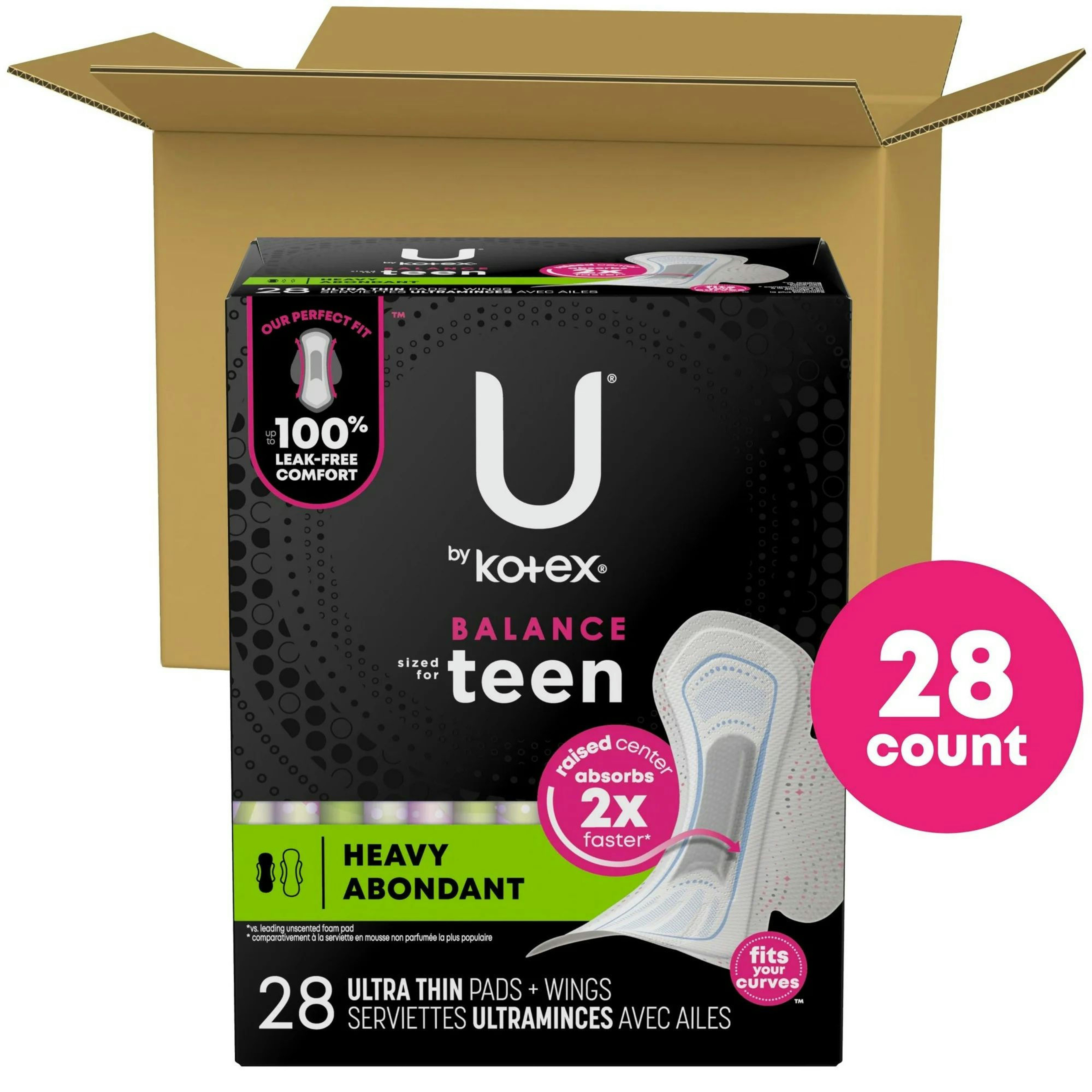 U by Kotex Balance Sized for Teens Ultra Thin Pads with Wings, Heavy Absorbency
