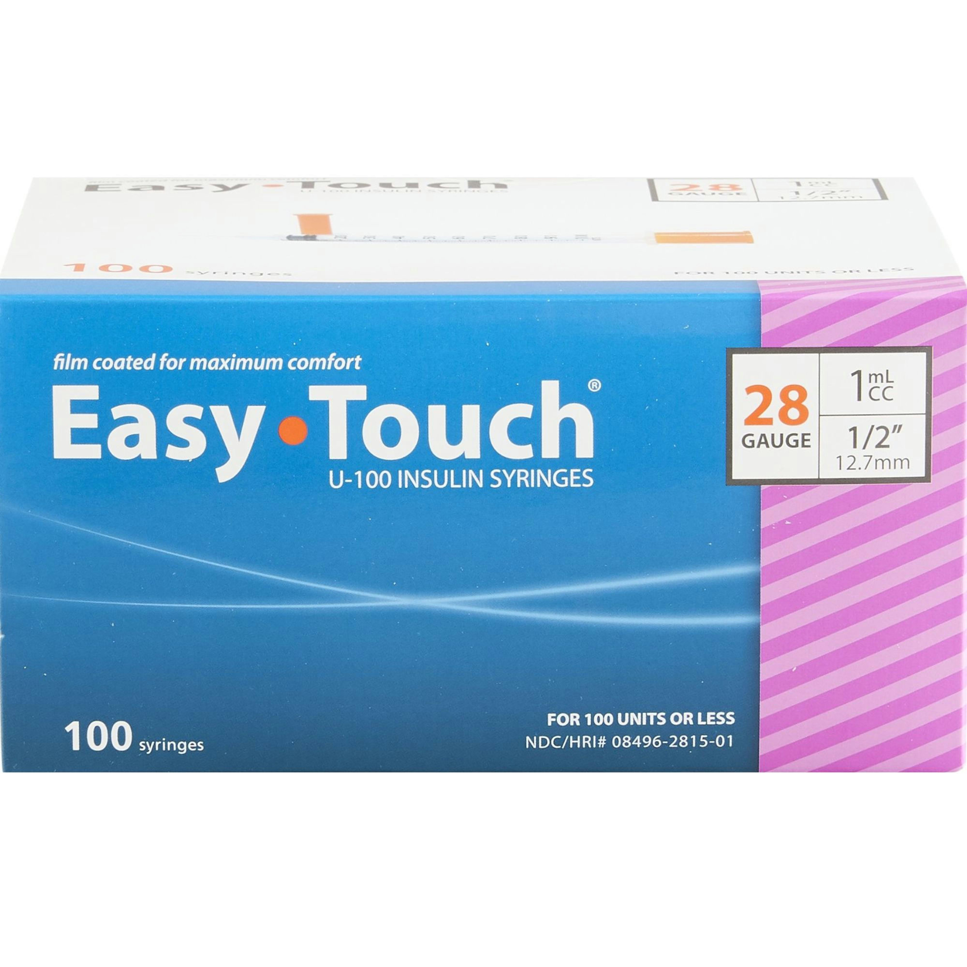 Easy Touch U-100 Insulin Syringe With Needle, 28 gauge