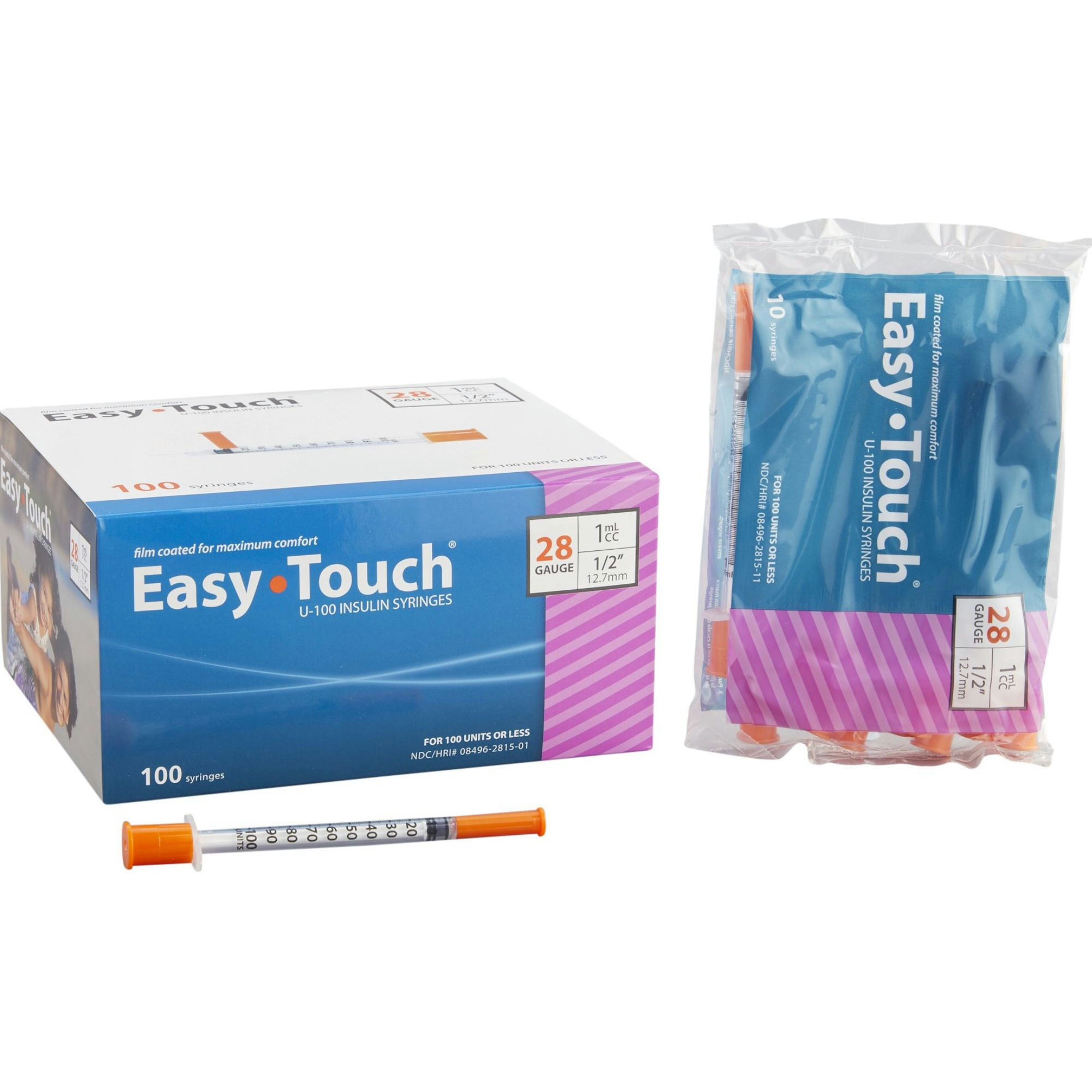 Easy Touch U-100 Insulin Syringe With Needle, 28 gauge