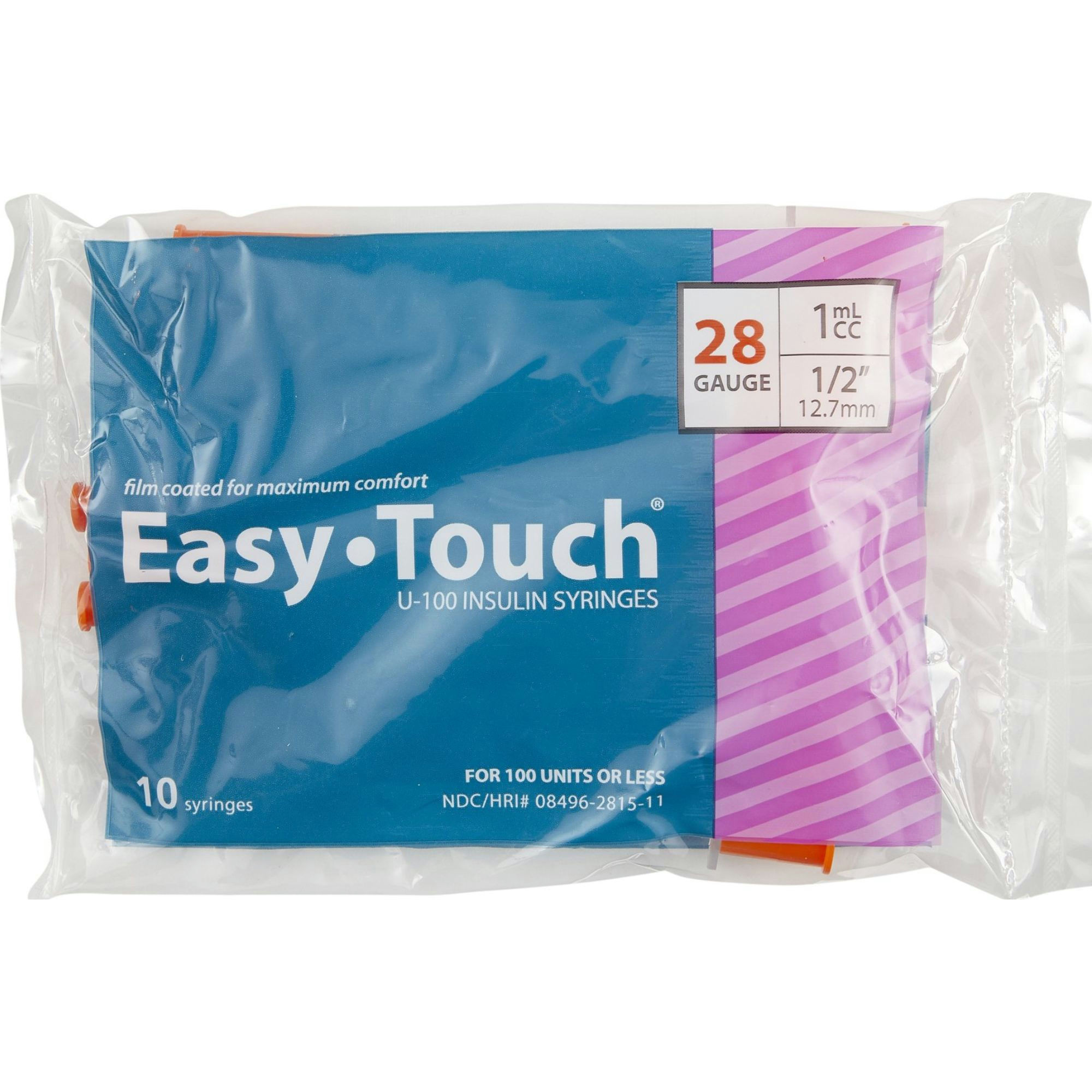 Easy Touch U-100 Insulin Syringe With Needle, 28 gauge