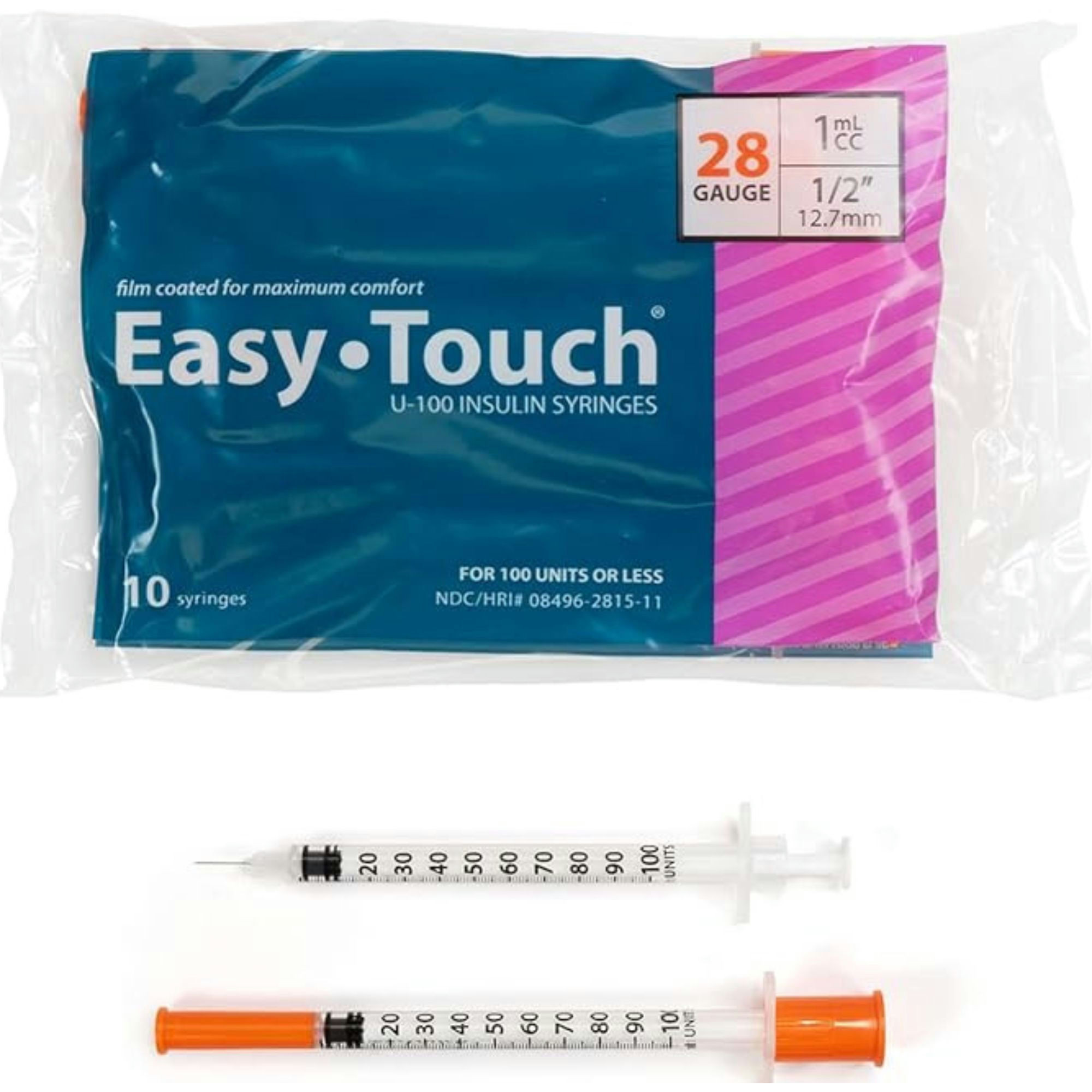 Easy Touch U-100 Insulin Syringe With Needle, 28 gauge