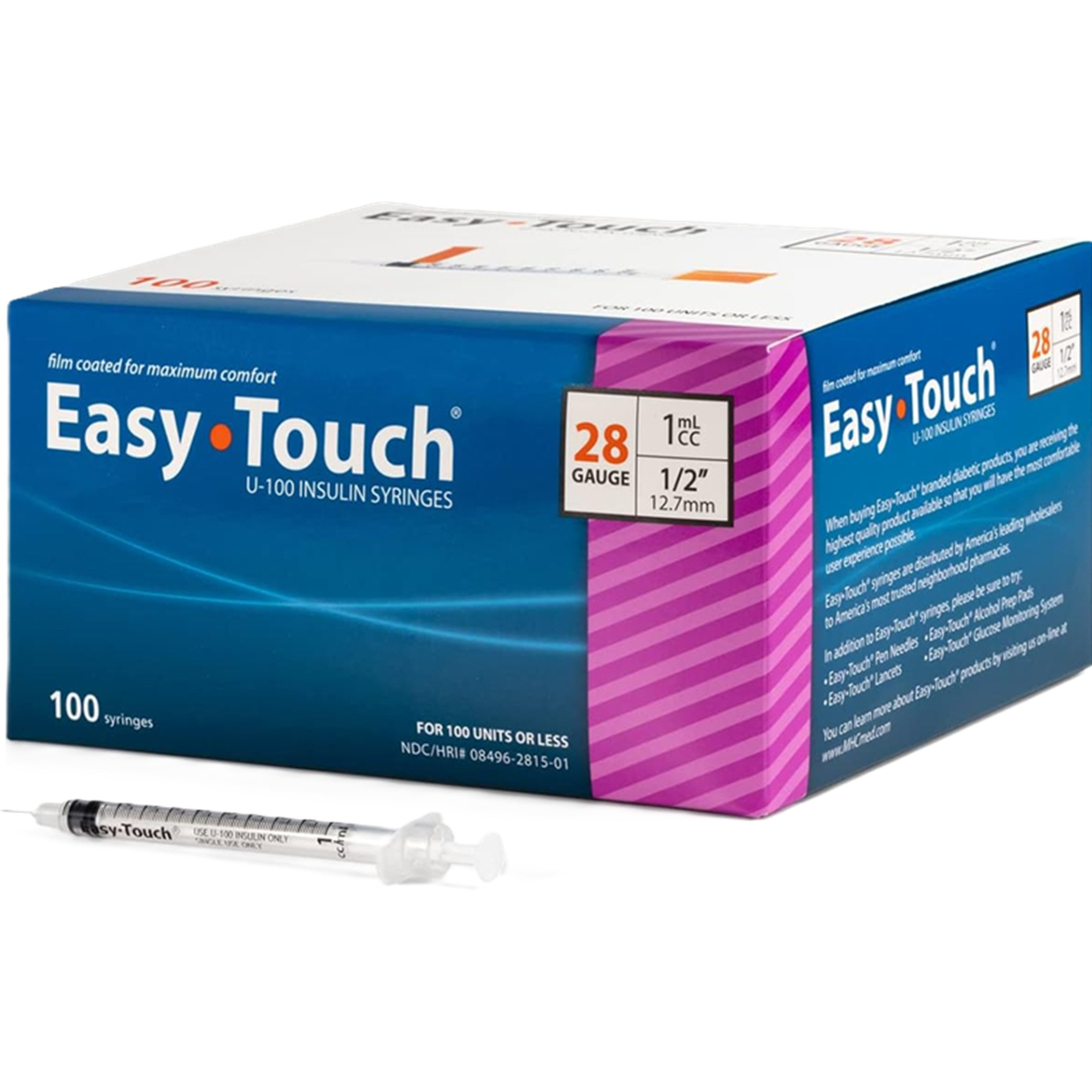 Easy Touch U-100 Insulin Syringe With Needle, 28 gauge