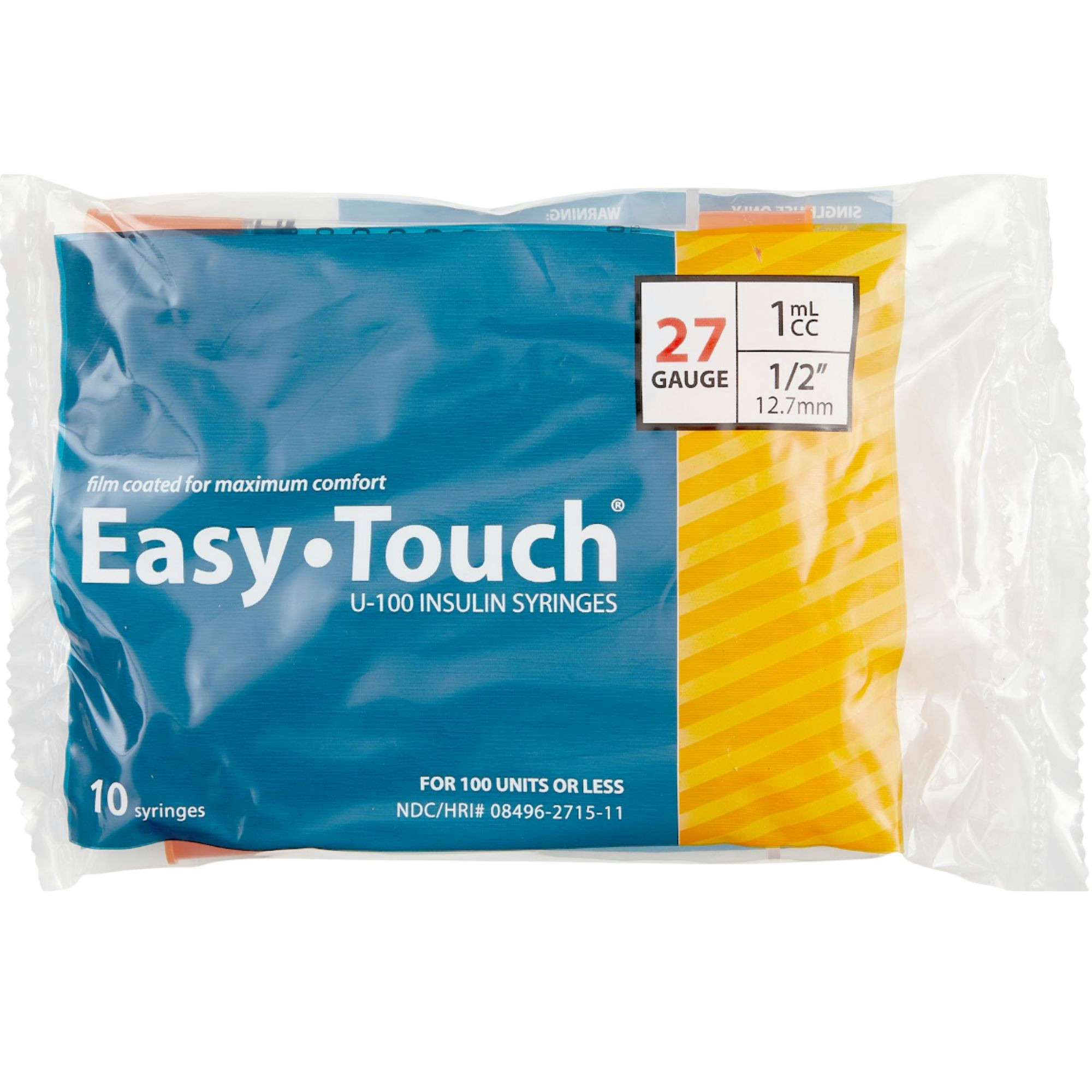 Easy Touch U-100 Insulin Syringe With Needle, 27 gauge