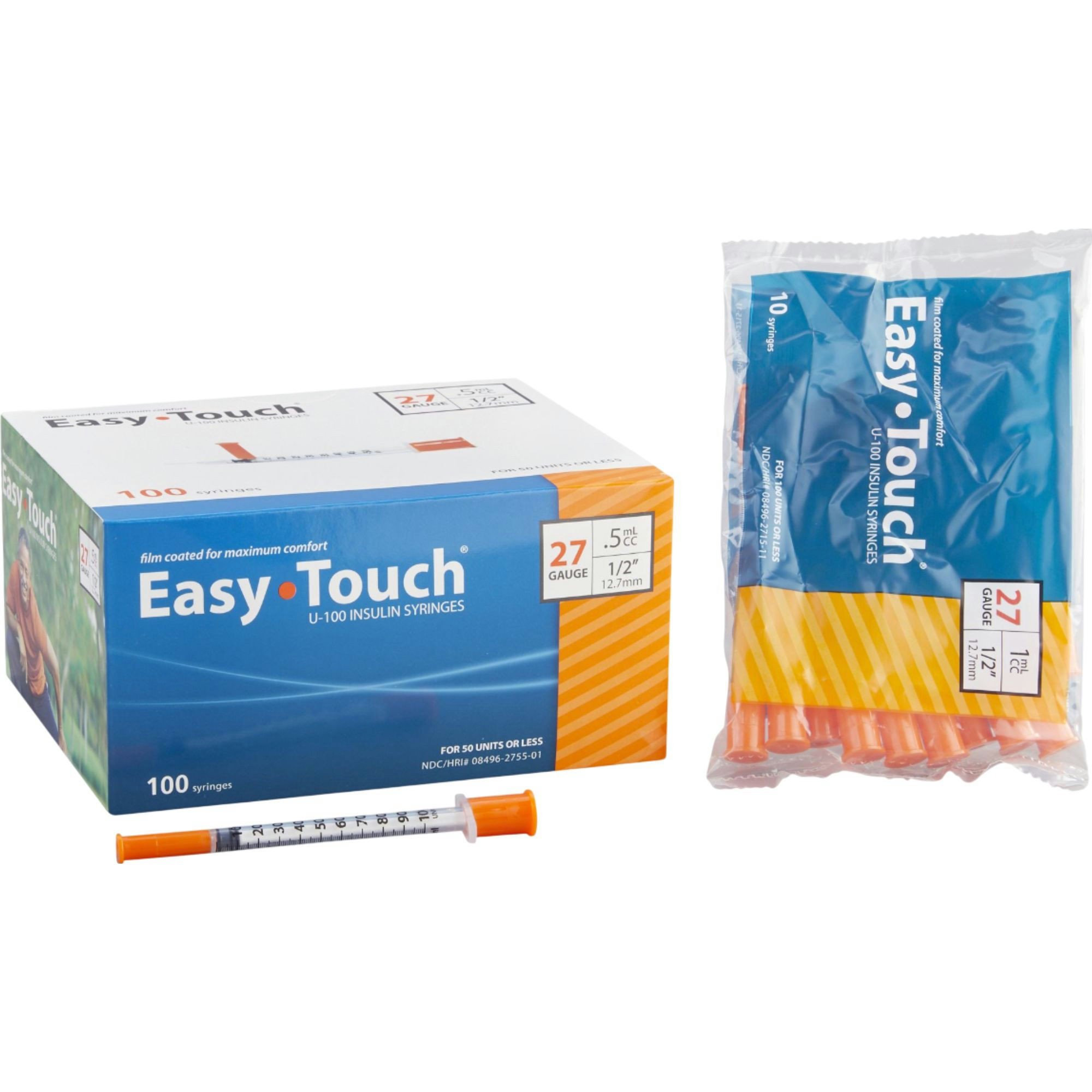 Easy Touch U-100 Insulin Syringe With Needle, 27 gauge