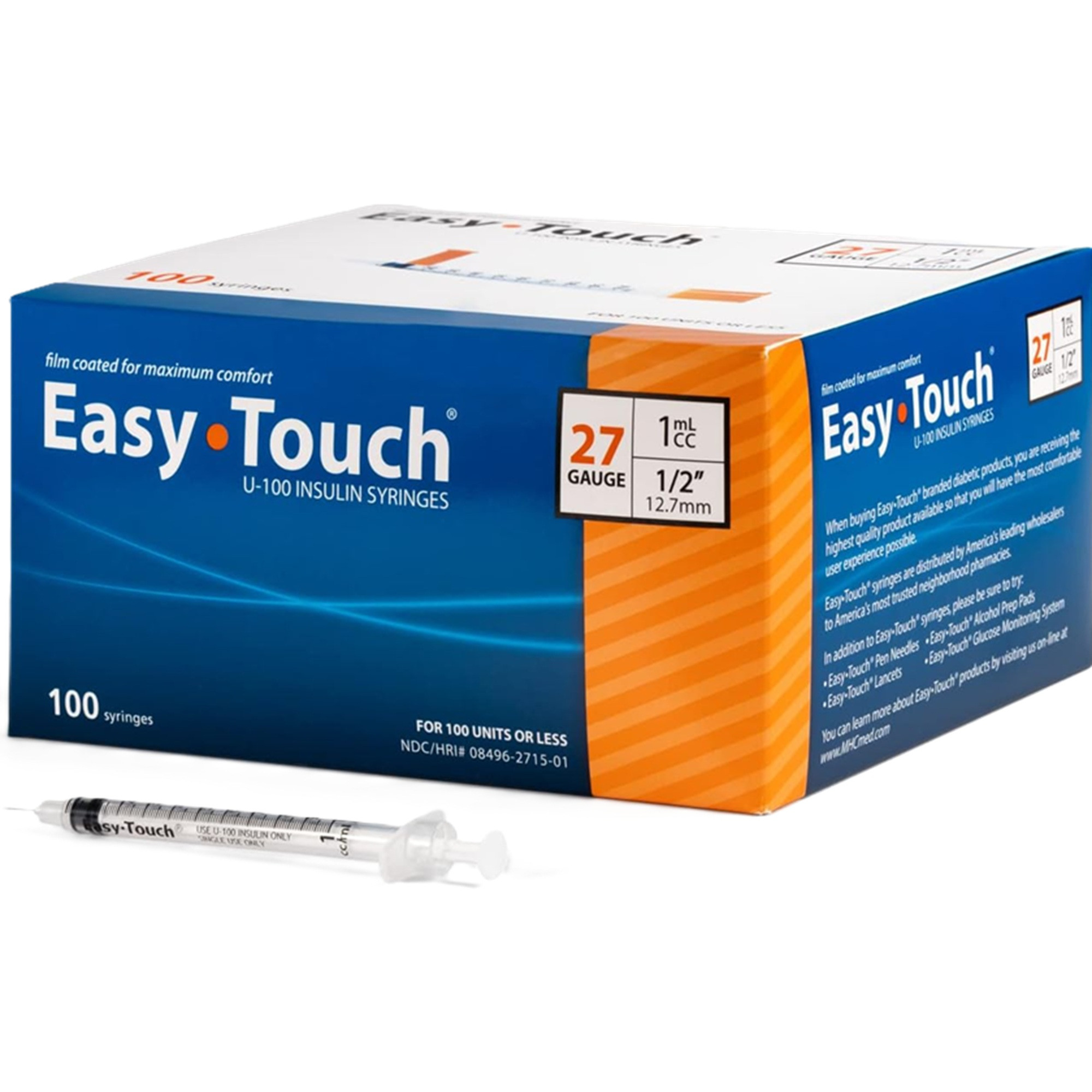 Easy Touch U-100 Insulin Syringe With Needle, 27 gauge