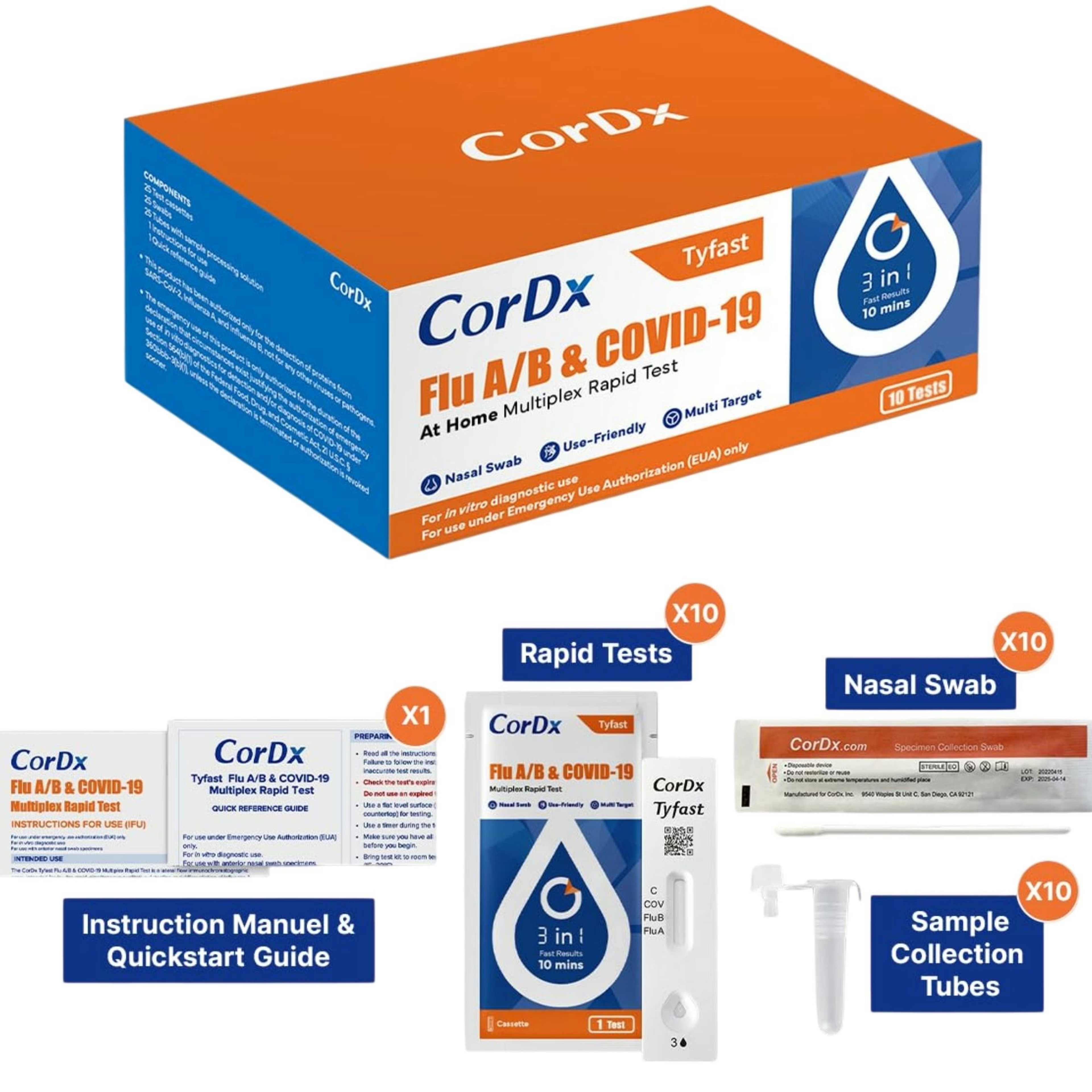 CorDx Tyfast Flu A/B & COVID-19 At Home Multiplex Rapid Test