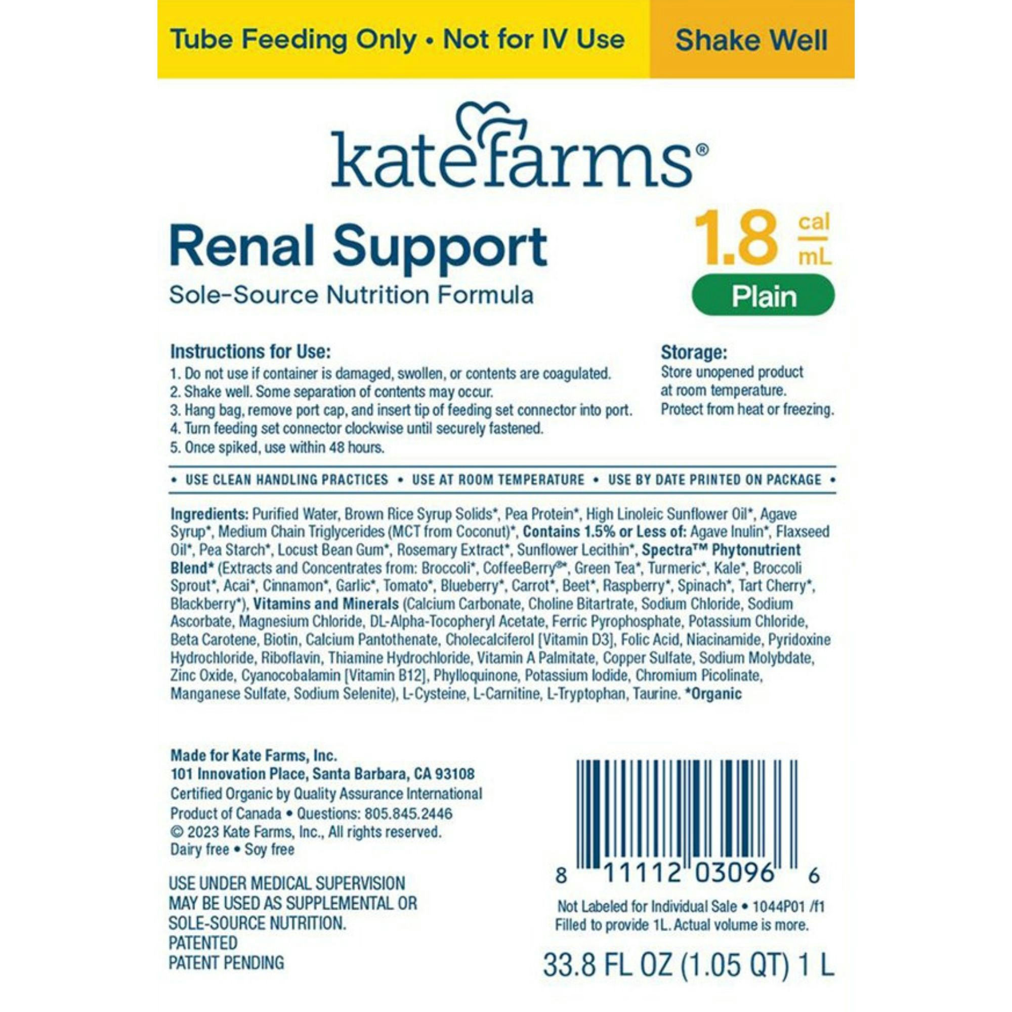 Kate Farms Renal Support 1.8 Plain Closed System