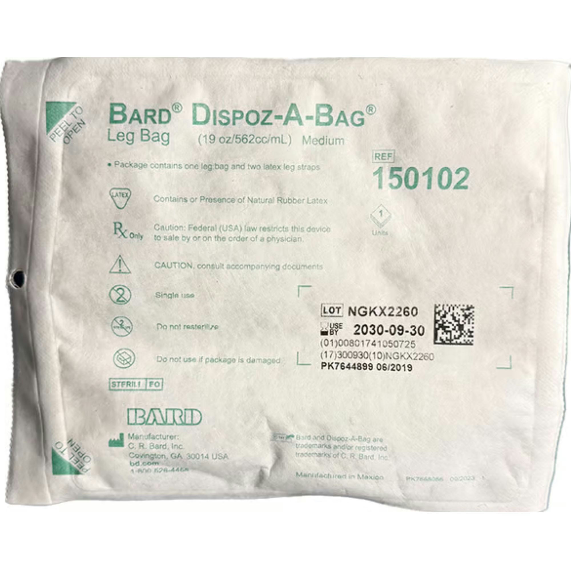 Bard Dispoz-A-Bag Leg Bag with Rubber Cap Valve