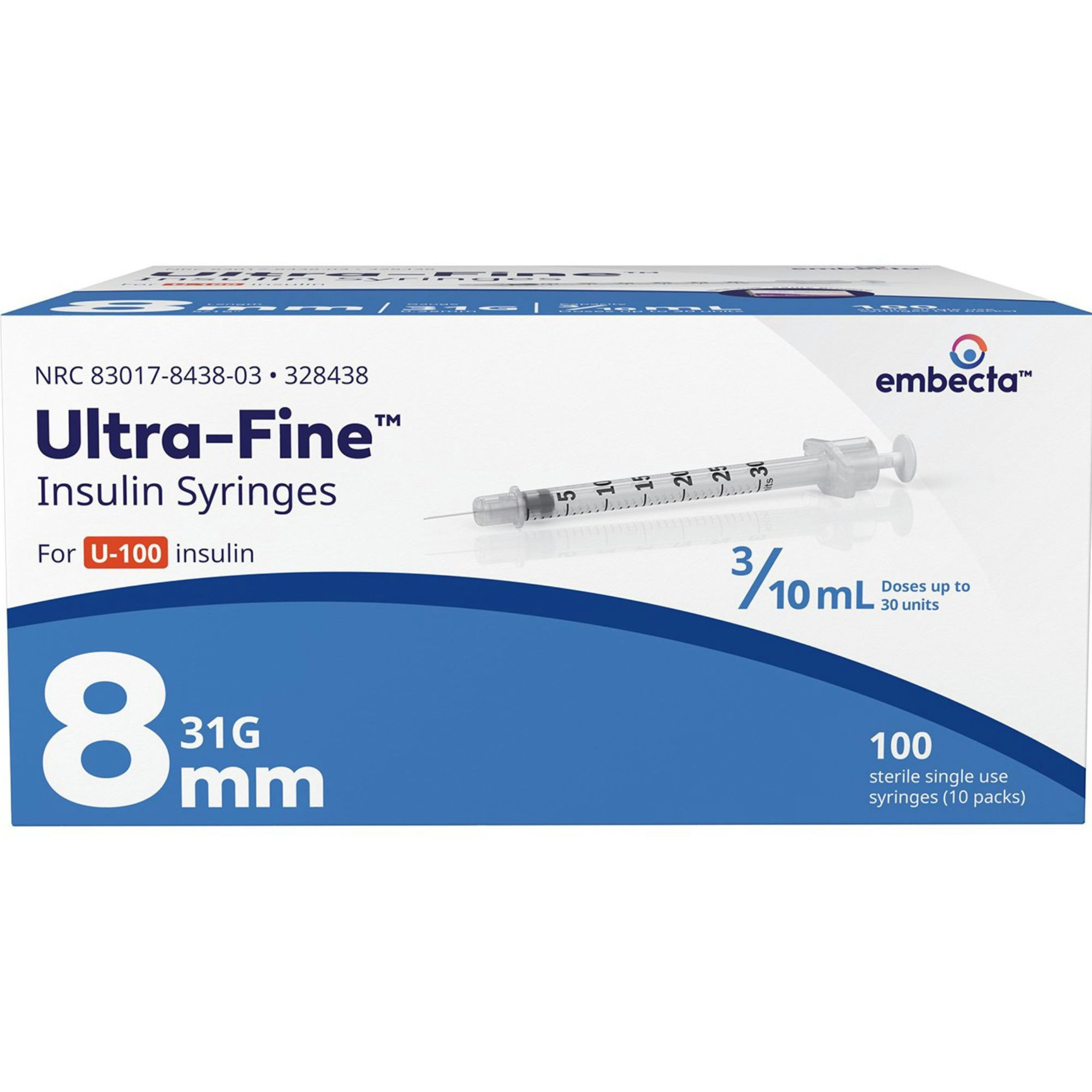 Emebecta Ultra-Fine U-100 Insulin Syringe, 31 Gauge