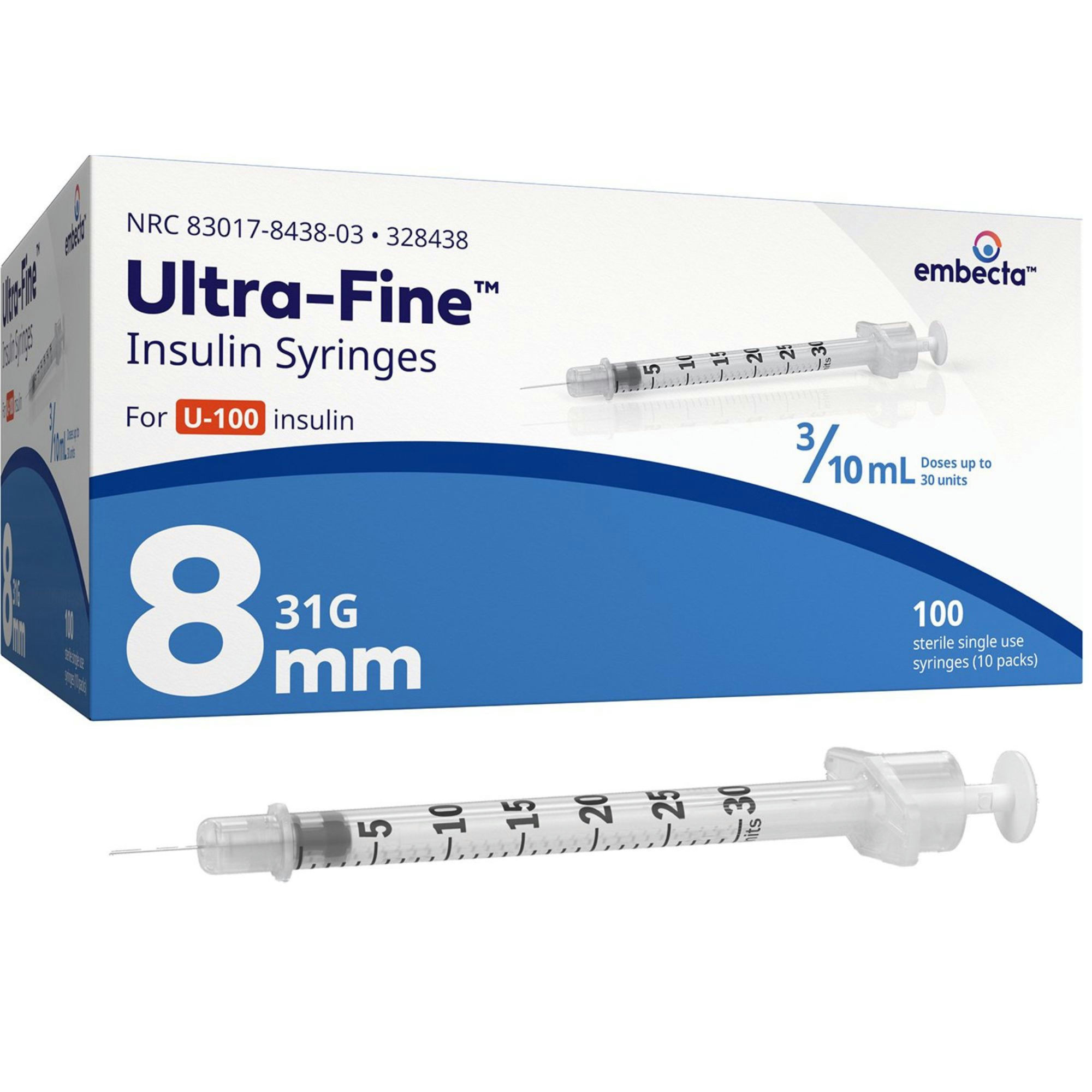 Emebecta Ultra-Fine U-100 Insulin Syringe, 31 Gauge