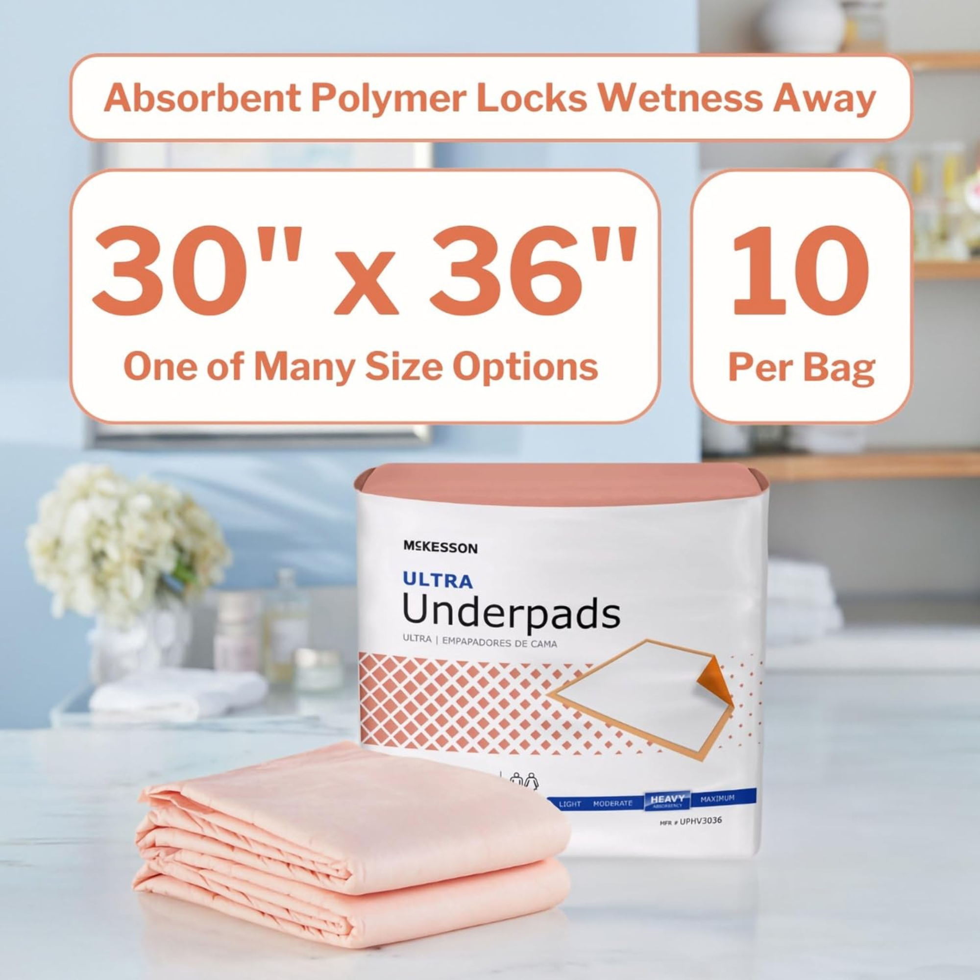 McKesson Underpads, Ultra, 30"X 36", UPHV3036-BG10, Bag 10