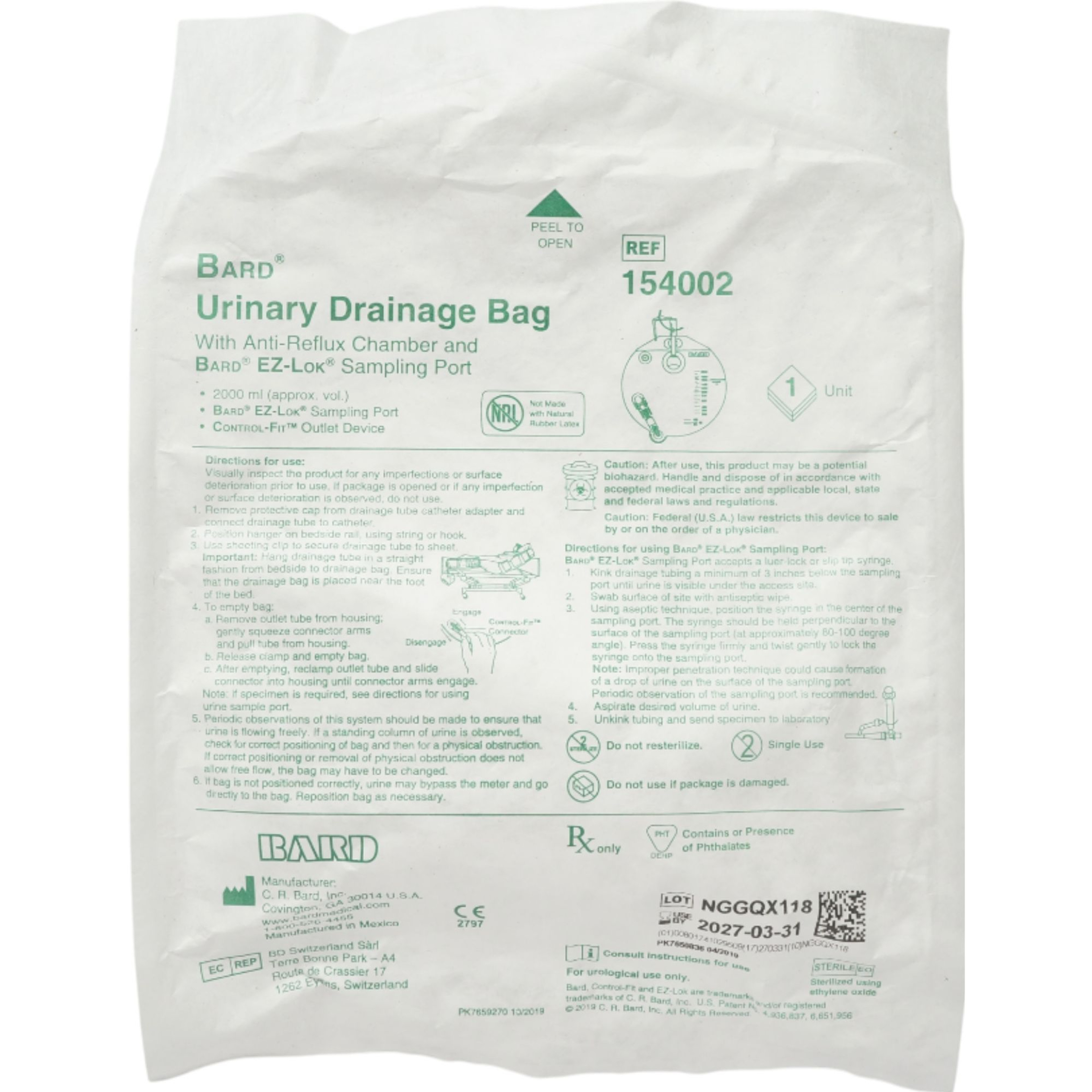 Bard Anti-Reflux Valve Urinary Drain Bag