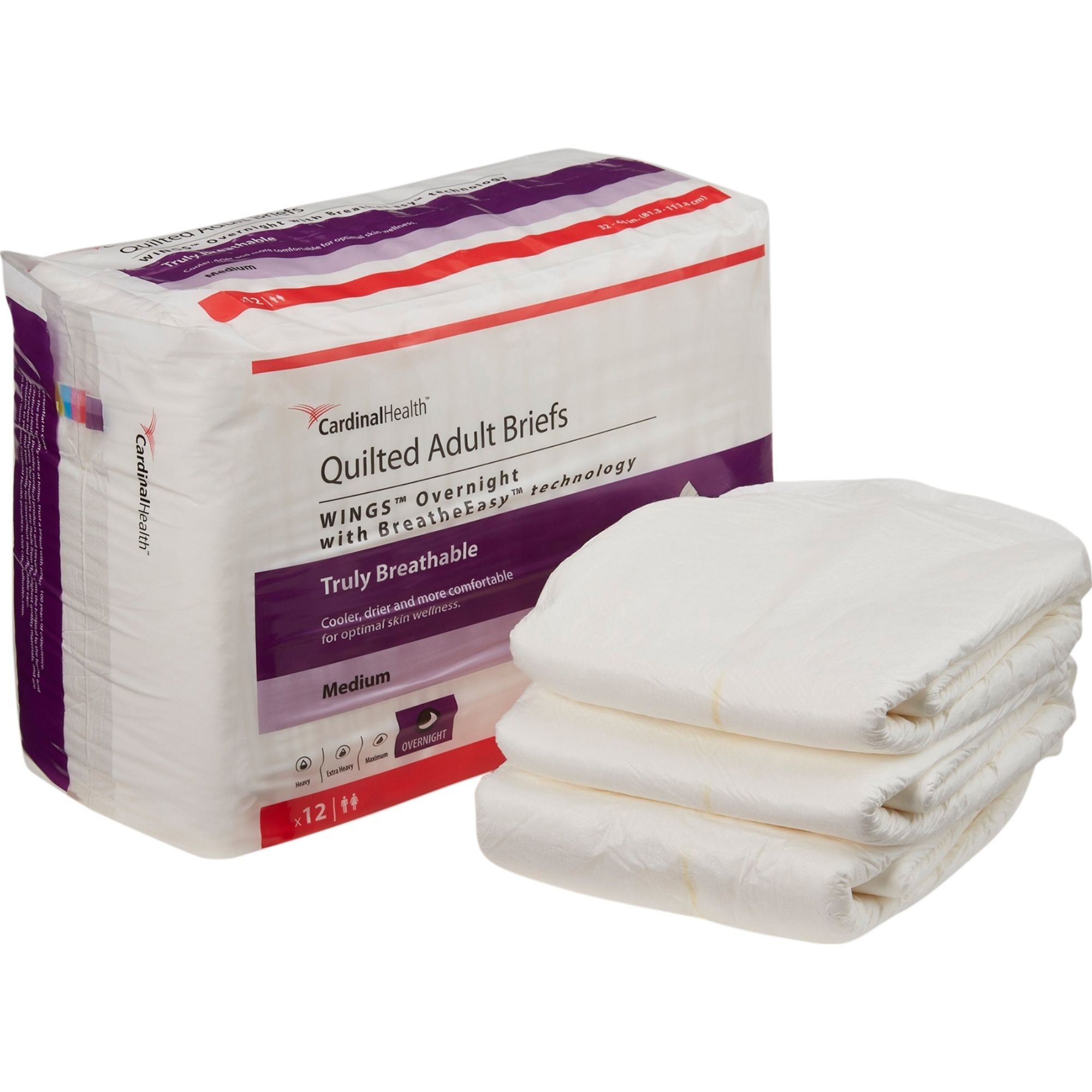 Wings Overnight Quilted Adult Briefs with BreatheEasy Technology, Large Size